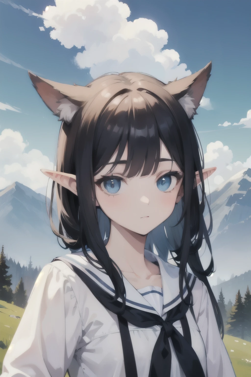 ((best quality)), ((masterpiece)), (detailed), perfect face, young girl, black hair, shoulder length hair, short bangs, bangs above eyebrows, sky blue eyes, deep blue eyes, white and blue preppy dress, smart eyes, expressed look, neutral face, short elven ears, short fringe, white fluffy clouds on background, villager dress, mountains