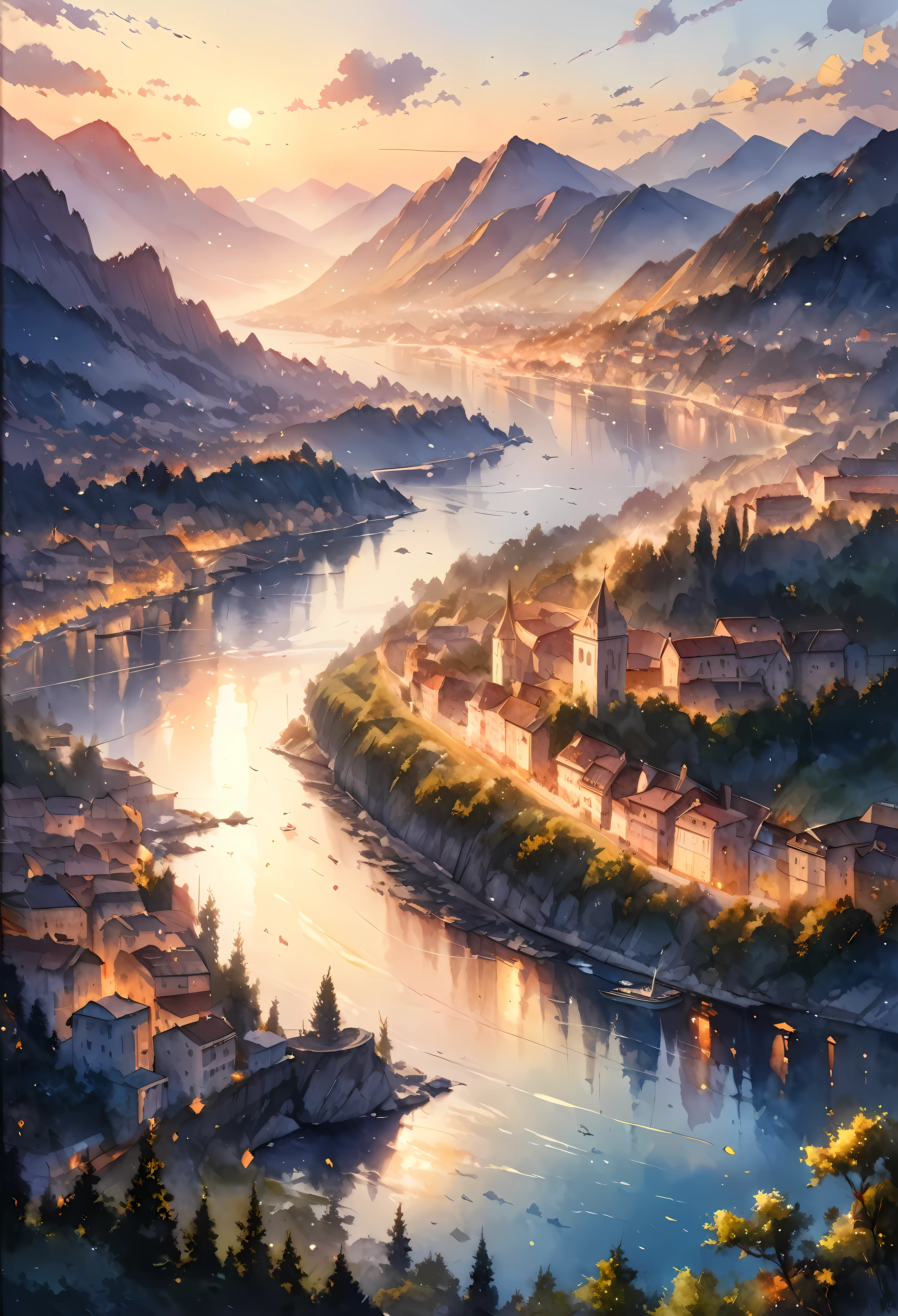 Create an image that captures the essence of classical art and award-winning painting, drawing inspiration from Valentina Verlato watercolor paintings. Visualize a enchanting watercolor painting of serene City landscape. The City landscape should be meticulously detailed. | The setting is a beautiful city, under the warm light of sunlight, casting striking shadows around. The landscape atmosphere must feel both engaging and ethereal. | Rendered in ultra-high detail and quality, this masterpiece ensures super detail. With a focus on high quality and accuracy, this award-winning portrayal captures every nuance in stunning 16k resolution, immersing viewers in its lifelike depiction. | ((watercolor painting):1.1), ((Valentina Verlato watercolor style):1.1), ((Serene City landscape):1.1). | ((perfect_composition, perfect_design, perfect_layout, perfect_detail, ultra_detailed)), ((enhance_all, fix_everything)), More Detail, Enhance.