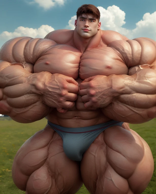 1 asian daddy, handsome, giant, buzz haircut, model shoot style, looking at camera, standing up, cool ambiance, outdoor, commercial photoshoot, large dry meadows, strong body, bulk, wear prominent bulge soldiers triangular underwear, bulge, big, brutalmass, giant, muscular body, bulk, massive body, large meaty body size, brown skin, huge arms, ballooning meaty chests