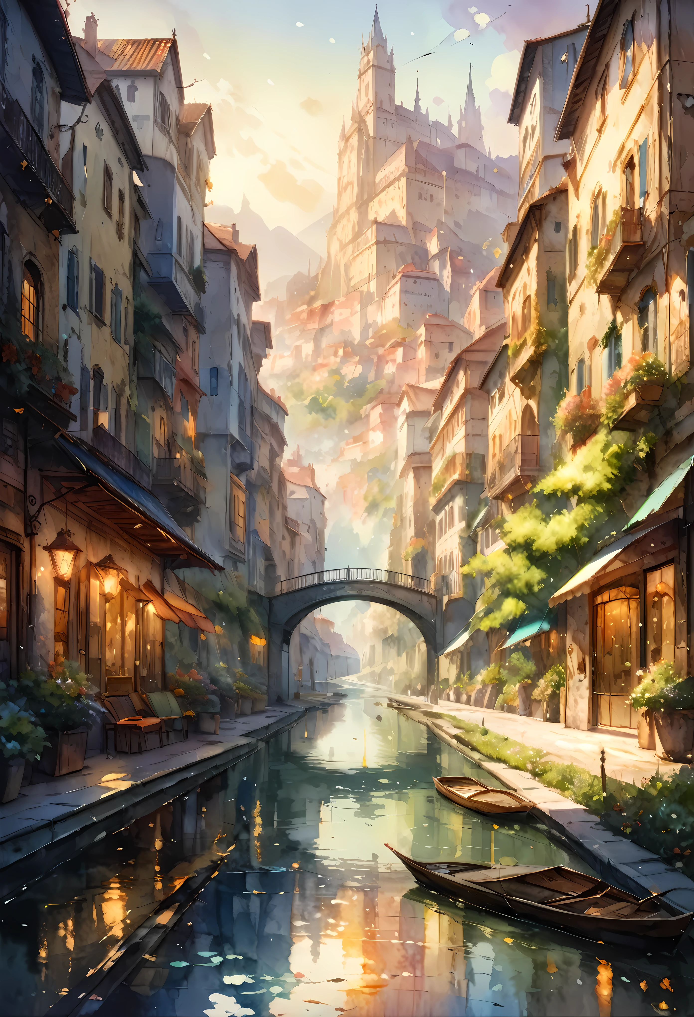 Create an image that captures the essence of classical art and award-winning painting, drawing inspiration from Valentina Verlato watercolor paintings. Visualize a enchanting watercolor painting of serene City landscape. The City landscape should be meticulously detailed. | The setting is a beautiful city, under the warm light of sunlight, casting striking shadows around. The landscape atmosphere must feel both engaging and ethereal. | Rendered in ultra-high detail and quality, this masterpiece ensures super detail. With a focus on high quality and accuracy, this award-winning portrayal captures every nuance in stunning 16k resolution, immersing viewers in its lifelike depiction. | ((watercolor painting):1.1), ((Valentina Verlato watercolor style):1.1), ((Serene City landscape):1.1). | ((perfect_composition, perfect_design, perfect_layout, perfect_detail, ultra_detailed)), ((enhance_all, fix_everything)), More Detail, Enhance.