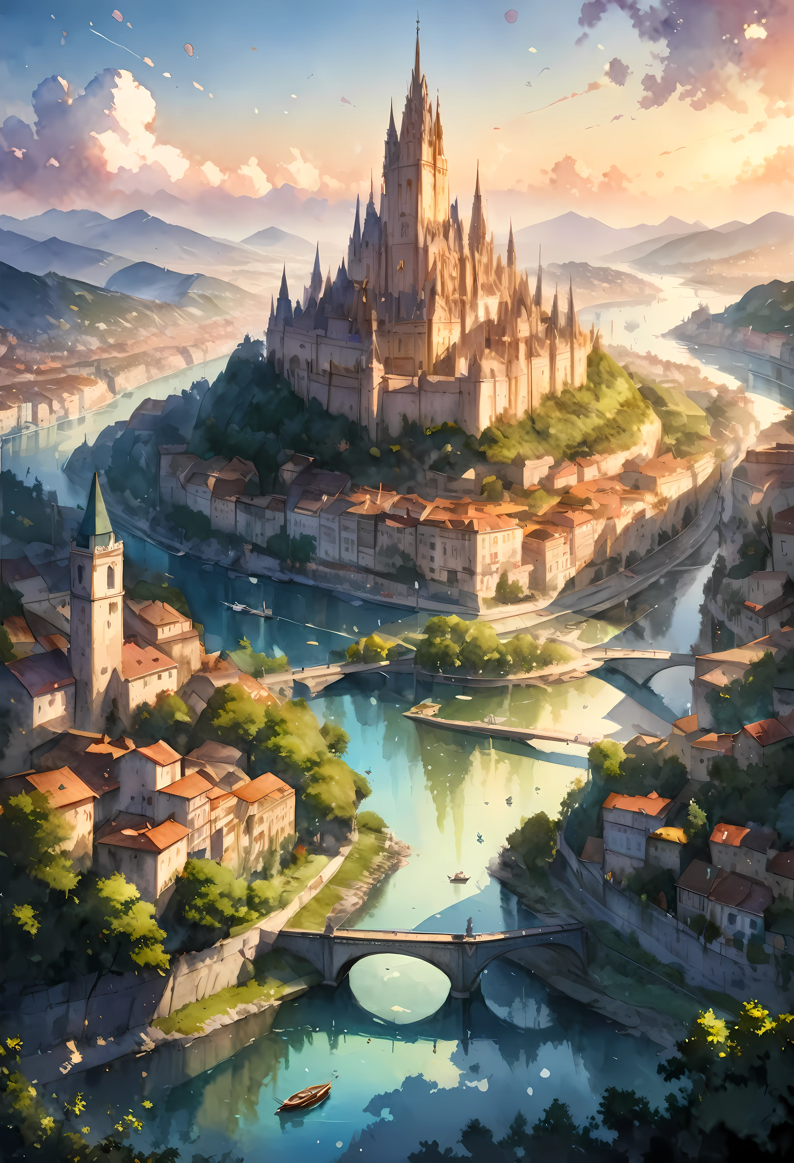 Create an image that captures the essence of classical art and award-winning painting, drawing inspiration from Valentina Verlato watercolor paintings. Visualize a enchanting watercolor painting of serene City landscape. The City landscape should be meticulously detailed. | The setting is a beautiful city, under the warm light of sunlight, casting striking shadows around. The landscape atmosphere must feel both engaging and ethereal. | Rendered in ultra-high detail and quality, this masterpiece ensures super detail. With a focus on high quality and accuracy, this award-winning portrayal captures every nuance in stunning 16k resolution, immersing viewers in its lifelike depiction. | ((watercolor painting):1.1), ((Valentina Verlato watercolor style):1.1), ((Serene City landscape):1.1). | ((perfect_composition, perfect_design, perfect_layout, perfect_detail, ultra_detailed)), ((enhance_all, fix_everything)), More Detail, Enhance.