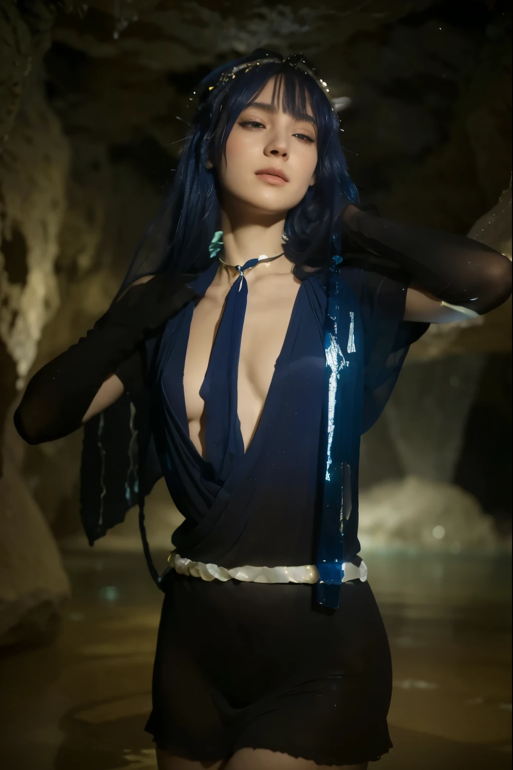 (Best quality, 8k, 32k, Masterpiece, UHD:1.2) "Imagine the serene and mystical atmosphere of The Lapis Lazuli Cave from Houseki no Kuni. Envision a vast, underground cavern illuminated by the ethereal blue glow of lapis lazuli crystals that cover the walls and ceiling. The crystals emit a soft, azure light that bathes the entire cave in a tranquil, otherworldly luminescence.

The cave’s floor is uneven and rocky, with patches of reflective pools of water that mirror the dazzling blue light. Stalactites and stalagmites formed from lapis lazuli crystals create intricate, natural sculptures that add to the cave's enchanting beauty. These formations sparkle like precious gemstones, casting shimmering reflections around the cavern.

The air is cool and damp, carrying the faint scent of minerals. The atmosphere is serene yet charged with a sense of ancient mystery, as if the cave holds secrets from eons past. The sound of dripping water echoes softly, creating a calming, rhythmic soundtrack to the visual splendor. 
In this cave, the gems from Houseki no Kuni explore and marvel at the stunning lapis lazuli crystals, their vibrant hues contrasting beautifully with the deep blue surroundings. The cave's natural beauty serves as a sanctuary and a place of discovery for the gems.

Capture the essence of The Lapis Lazuli Cave by depicting its breathtaking natural beauty, the calming azure light, and the sense of peace and wonder that permeates this hidden gem within the world of Houseki no Kuni."