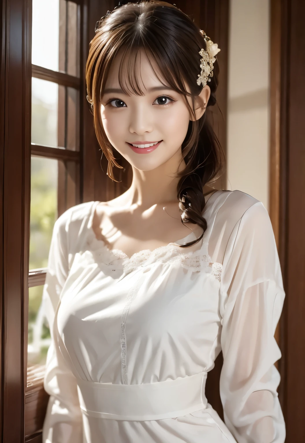 (masterpiece, best quality:1.1), (8k, raw photo, photo realistic:1.2, f22), (shiny skin), detailed skin,half up chignon,ribbon,detailed face, detailed eyes,smile,BREAK, real world, intricate details, smil, BREAK, 1girl, full body,(long sleeve,ribbon),BREAK, (room:1.4)