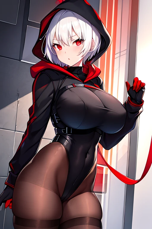 1girl, white hair, very short hair, red eyes, serious, glowing eyes, large breasts, thick thighs, athletic female, toned, leotard, black leotard, thighhighs, belt, knife, knifes, pantyhose, black pantyhose, hood, hood up, hood on, black hood,