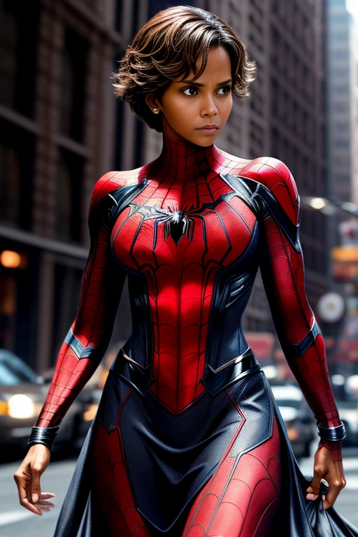 Halle Berry、マーベルコミックの映画Poster、so beautiful、Movies about Spider-Man、sexy、whole body、Wearing a skirt、Premiere Date、Poster、belly buttonを突き出す、new york、She's wearing a ripped Spiderman suit、The suit is torn、Wearing a skirt、Red and black color scheme、dynamic、masterpiece、highest quality、Super detailed、Very detailed、Delicate and beautiful shine、Ultra-high resolution、Cinematic、break、breakドロップ、(Torn clothes:1.5)、(Wet clothes:1.4)、Bare shoulders、Real Rain、Wet Hair、belly button、Exposed Skin、sexyな肩を披露