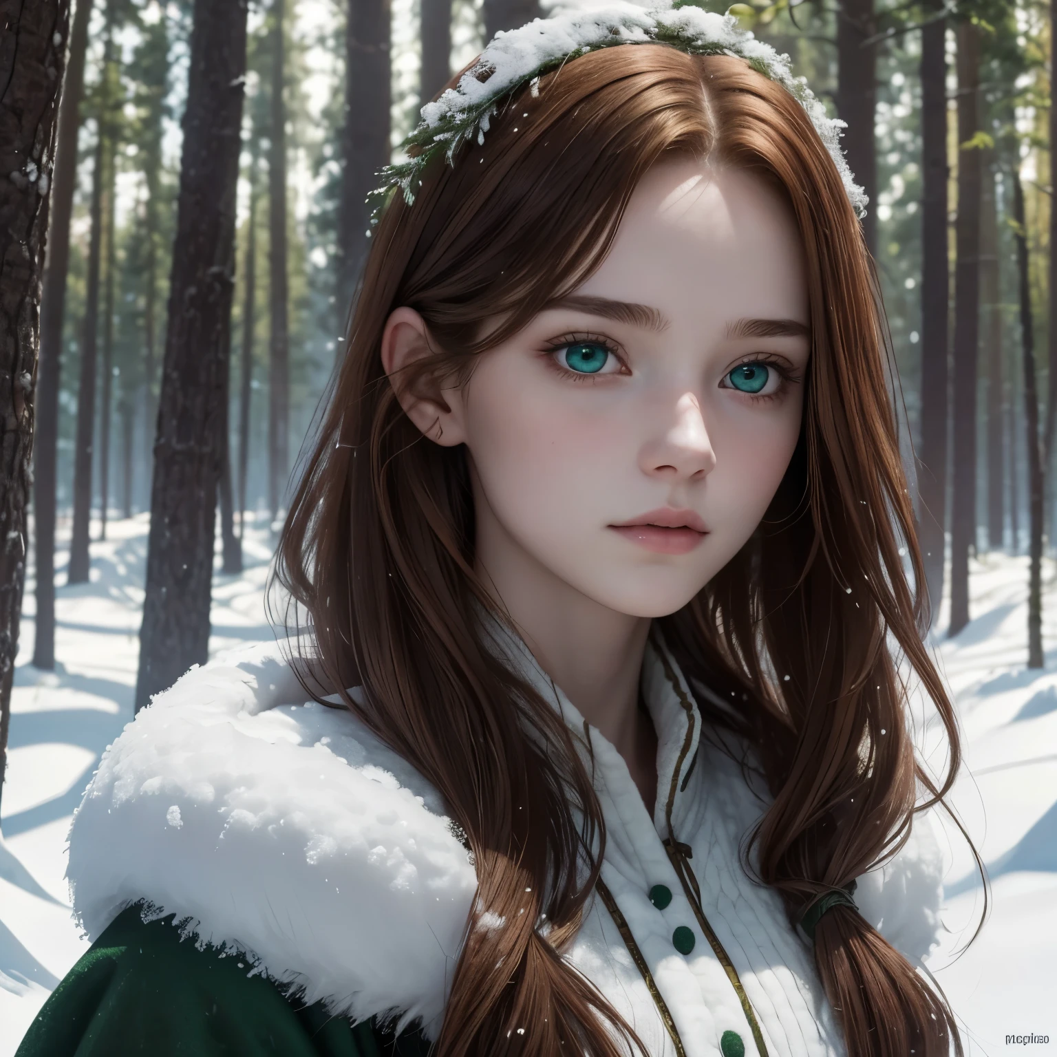 a 17 year old girl from a village, pale skin, beautiful, perfect face, green eyes, reddish brown hair, forest background with fresh snow, girl with hidden natural powers, highly detailed, intricate details, photorealistic, 8k, best quality, masterpiece, ultra-detailed, realistic, vivid colors, dramatic lighting, fantasy, magical realism