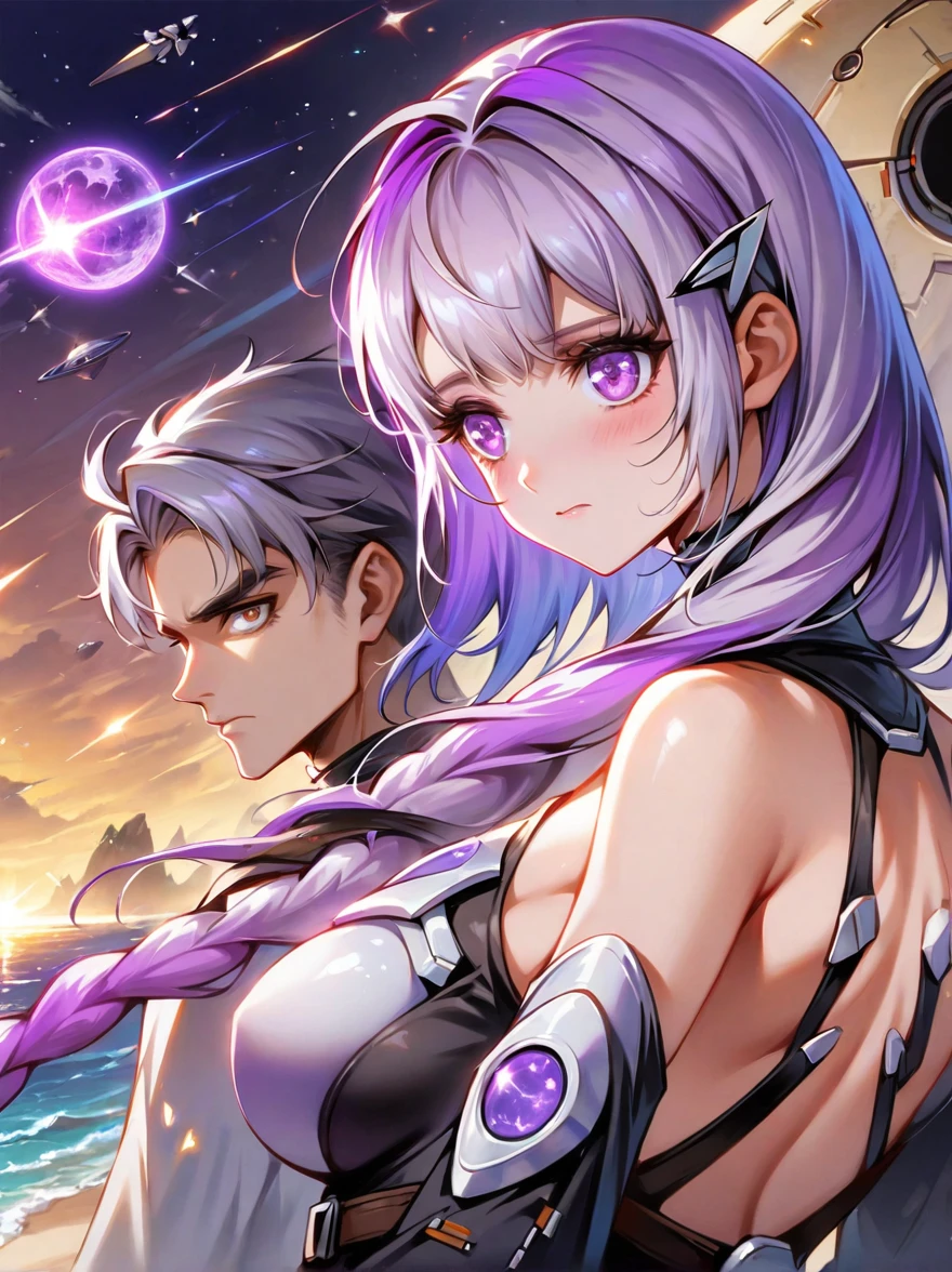 1yj1,(1boy:1.5),(Boy and girl back to back:1.9),Anime Girl, (Purple and White Ombre Long Ponytail), (There is a tuft of dark purple hair on the forehead, Colorful hair, (Deep purple eyes),White mecha suitBREAK Black mecha dress, The figure is located in the center,yinji,The broken moon, the falling stars, the sea and the golden Mars collided in the background,Requiem,Satellite Fall Background,Star Wars,Anatomically correct,concise