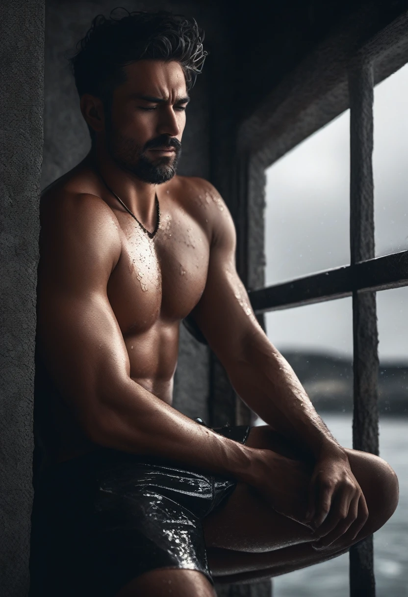 glamor photo of sad 35 year old man (close up: 0.9) topless leaning against a window at the end of the world, masterpiece, best quality, dslr, 8k, 4k, ultra realistic, realistic, ray tracing, scatter underground, volumetric light, 1 man, wet, in red transparent underwear, epic, apocalypse, abandoned, night, film grain, (intricate details), (intricate details, hyperdetailed: 1.2), art station, cinematic shot, vignette, dark theme, complex background, building, seen from below, dynamic pose, single pose, (intricate details, hyper-detailed: 1.2), art station, cinematic shot, vignette, dark theme, complex background, seen from below, dynamic pose , unique pose, ultra detailed portrait, model, shot by famous photographer in CANON 5D MARK, detailed skin with all raw details - ar 4:6 --q 2 --s 750 --v 58k, 4k, ultra-realistic, realistic, ray traced, scattering, volumetric light, 1 man, wet, in transparent underwear, epic, abandoned, night, film grain, (intricate detail),The sad man is sitting by the sea in complete darkness and appears alone among the folds of darkness. He looks full of sadness and pain as his eyes don't seem to contain a single drop of joy. Dressed in transparent underwear that surprises with its strange and interesting beauty. The sad soul rests on his face and expresses the deep pain that afflicts him. This is reflected in his lost perspective and difficult passage through life. His chiseled stature and the expanse of his lifeless hands reveal the sadness that resides in his heart. The choppy waters, at this specific moment, seem to be a symbol of the internal storms he is experiencing. The waves dance violently and conflict with the sad boy's feelings. In this case, the full moon, which still shines in the night sky despite the darkness surrounding it, adds a hidden hope and a little light to your face, which is drowned in sadness. The image carries a spirit of sadness, loneliness and grief,