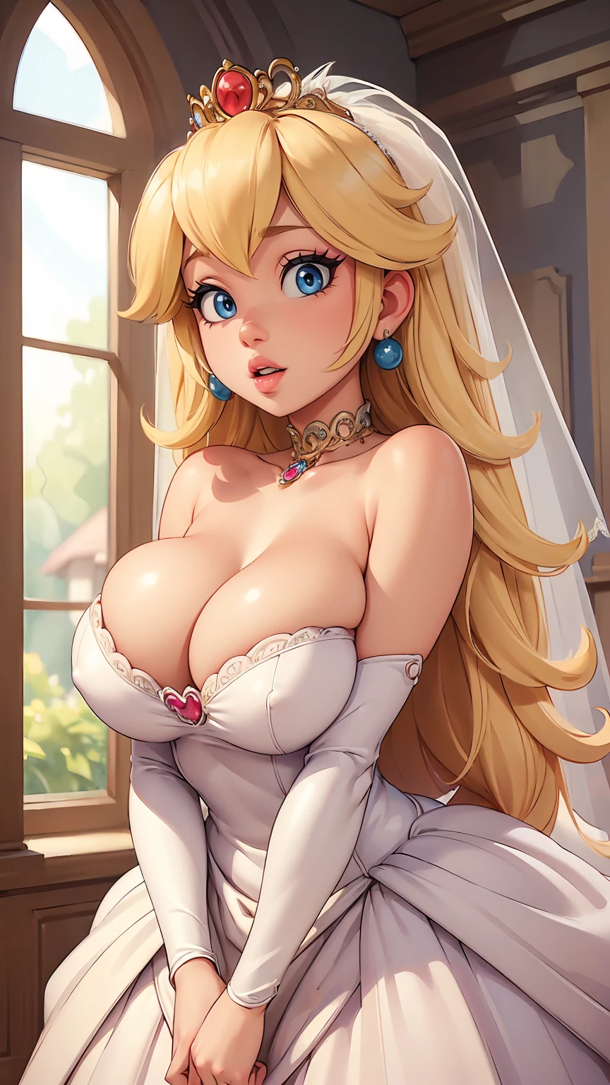 ((masterpiece)), ((best quality)), (detailed), perfect, solo, peach, gorgeous woman with wedding dress, bridal veil on the head, luscious lips, long hair, huge breast, deep cleavage, huge breasts, sexy,