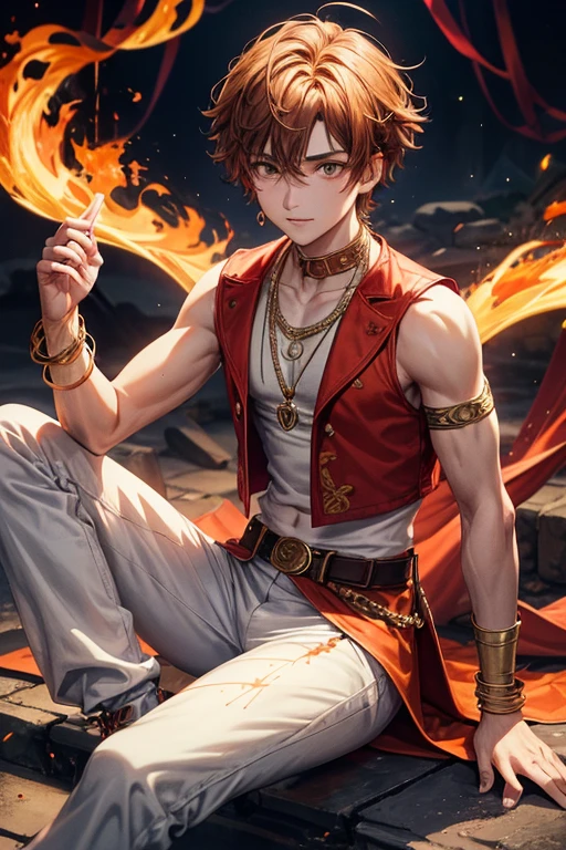 Spencer Wright, 20 year old boy, short light orange brown hair, short messy hair, reddish brown eyes, djinn clothing, open white sleeveless vest, red vest with black Arabic print, light blue Arabic pants, gold belt, djinn bracelet with silver gems, brown boots, phosphorescent red tattoos, surrounded by fire and orange smoke tied with chains of hands and feet surrounded by white chains, magic circles on each red hand on a background of Arab ruins.