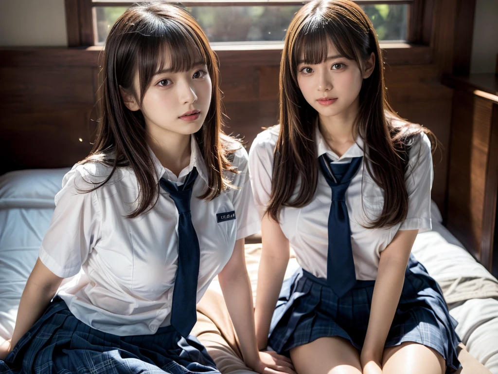 (RAW photo, 4k, masterpiece, high resolution, extremely complex) (realistic: 1.4), cinematic lighting
 ((2 girls, choolgirls)),Slam Dunk's,blushing,((innocent)),bright eyes,round eyes,blunt bangs,(straight hair:1.3),black hair,large breasts,wide hips,Summer Noon, ,Hot, (Best Quality), (Highres), (an Extremely Delicate and Beautiful),(Beautiful 8k face),(Brown eyes),short bob hair,( spectators),(gigantic breasts),(Play with each other,Touching each other's bodies,Touching the body),(Japanese high school uniform:1.3),blue skirt,(reality),bright lighting,(The background is a luxury hotel room)