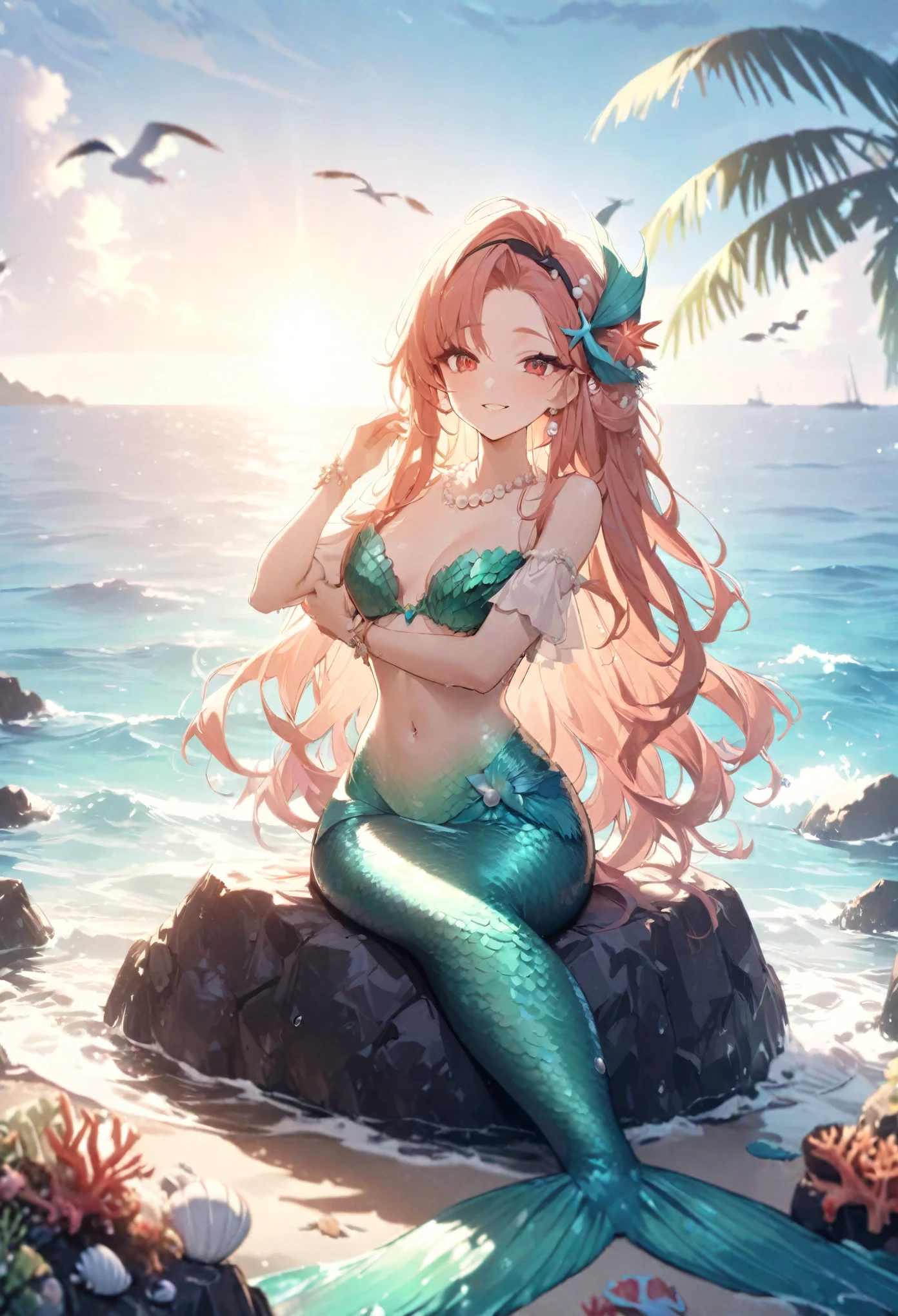 (best quality,4k,8k,highres,masterpiece:1.2),ultra-detailed,teenage girl gets magically transformed into a mermaid, fantasy transformation,red-eyed,beautiful detailed eyes,spiky long ginger hair,happiness,cute mermaid, long and detailed mermaid tail with shimmering green scales, seashell bra,pair of fish gills on her torso, red and black ribbon headband, starfish hair clips, pearl hair ornaments, pearl earrings and bracelets, pearl necklace, eye-catching accessories,beautifully detailed lips, sitting on a rock, sandy beach, new beautiful body,she’s smiling,embracing her new life has a mermaid, brushing her hair with an hairbrush, holding a small mirror, ocean waves,sparkling water,coconut trees,seagulls,coral reef,vibrant colors,magical glow,shimmering scales,sea breeze,warm sunlight,joyful expression,island paradise,lush tropical plants,dynamic composition,soft and smooth lines,expressive facial features,gentle water reflections,serene atmosphere, Highly detailed, masterpiece, high quality, 4K.