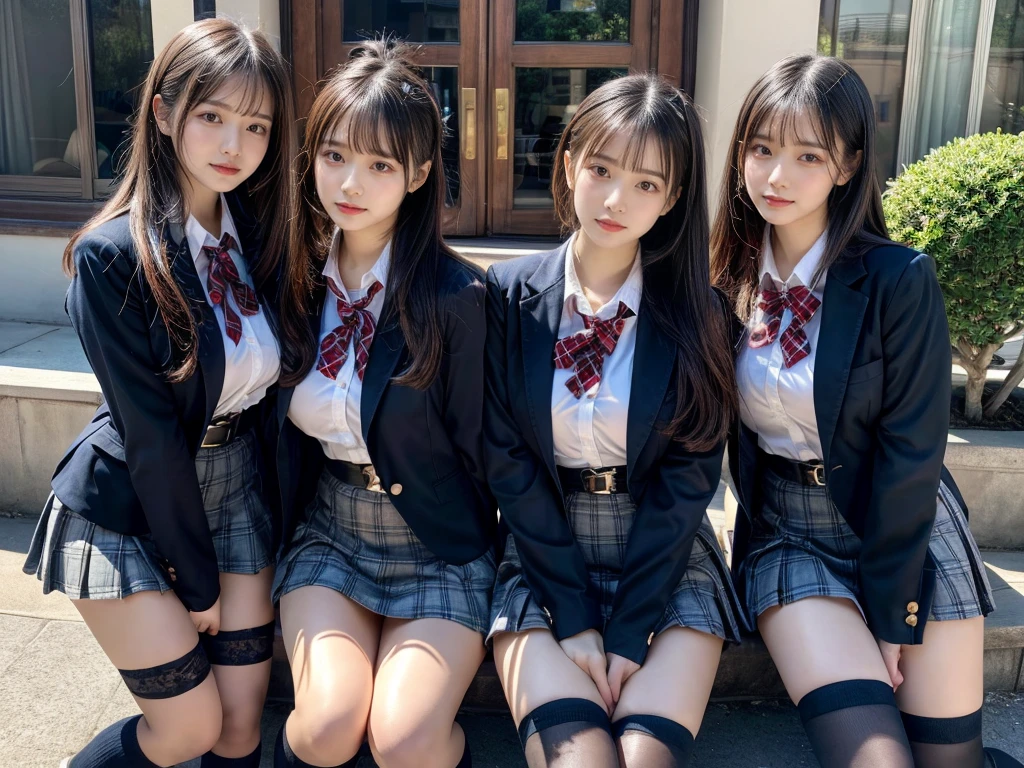 (8K, Raw photography, top-quality, masterpiece:1.2), master piece, best quality, illustration, Super detailed, fine details, High resolution, 8K,wall paper, perfect dynamic composition,(Details High quality, realistic depiction of eyes:1.3), ((2 girls, 2 schoolgirls)), The background is a luxury hotel room、High school girl uniform、blazer 、Super Short Check Uniform Skirt、Navy blue high socks、garterbelts、Colossal tits、Disturbed uniform, Play with each other,Touching each other's bodies,Touching the body of the girl next door, short bob hair, black hair color, huge breasts, Big Natural Color Lip, bold sexy pose, (perfect body shape), crying a little、cold gaze, Beautiful makeup,glitter makeup,Cutest 18 years old, beautiful legs, hposing Gravure Idol, Voluptuous thighs