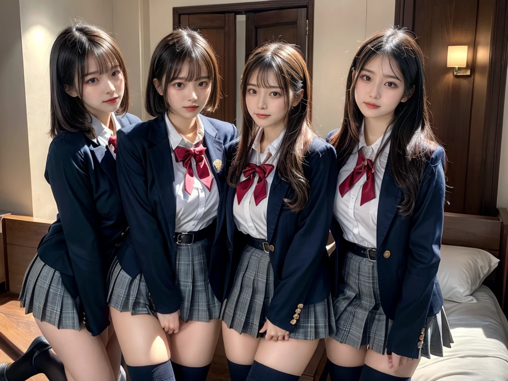 (8K, Raw photography, top-quality, masterpiece:1.2), master piece, best quality, illustration, Super detailed, fine details, High resolution, 8K,wall paper, perfect dynamic composition,(Details High quality, realistic depiction of eyes:1.3), ((2 girls, 2 schoolgirls)), The background is a luxury hotel room、High school girl uniform、blazer 、Super Short Check Uniform Skirt、Navy blue high socks、garterbelts、Colossal tits、Disturbed uniform, Play with each other,Touching each other's bodies,Touching the body of the girl next door, short bob hair, black hair color, huge breasts, Big Natural Color Lip, bold sexy pose, (perfect body shape), crying a little、cold gaze, Beautiful makeup,glitter makeup,Cutest 18 years old, beautiful legs, hposing Gravure Idol, Voluptuous thighs