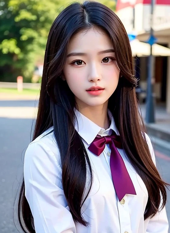 highest quality, masterpiece: 1.4, Raw photo: 1.2, 8k, best image quality, highest resolution, Photorealistic: 1.4, Beautiful face in every detail, realistic, the most beautiful woman: 1.4, the finest woman: 1.4, high school girl, small face, long hair, straight hair, high school girl uniform, The prettiest girl, The queen bee: 1.4, The cutest girl, She's Out of my league, the most beautiful girl in school: 1.4, country road: 1.3, Luxury woman: 1.3, school queen: 1.4