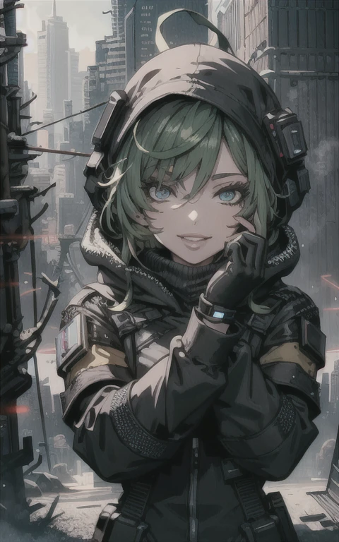 (1girl:1.2),(solo:1.5),masterpiece,best quality,detailed face,highly detailed, best quality, highres, extremely detailed wallpaper,third-party edit,full body,hood,(happy smile:1.2),black gloves,green hair,looking at viewer,(detailed cyberpunk cityscape background:1.3)
normal hands,normal fingers,perfect hands
