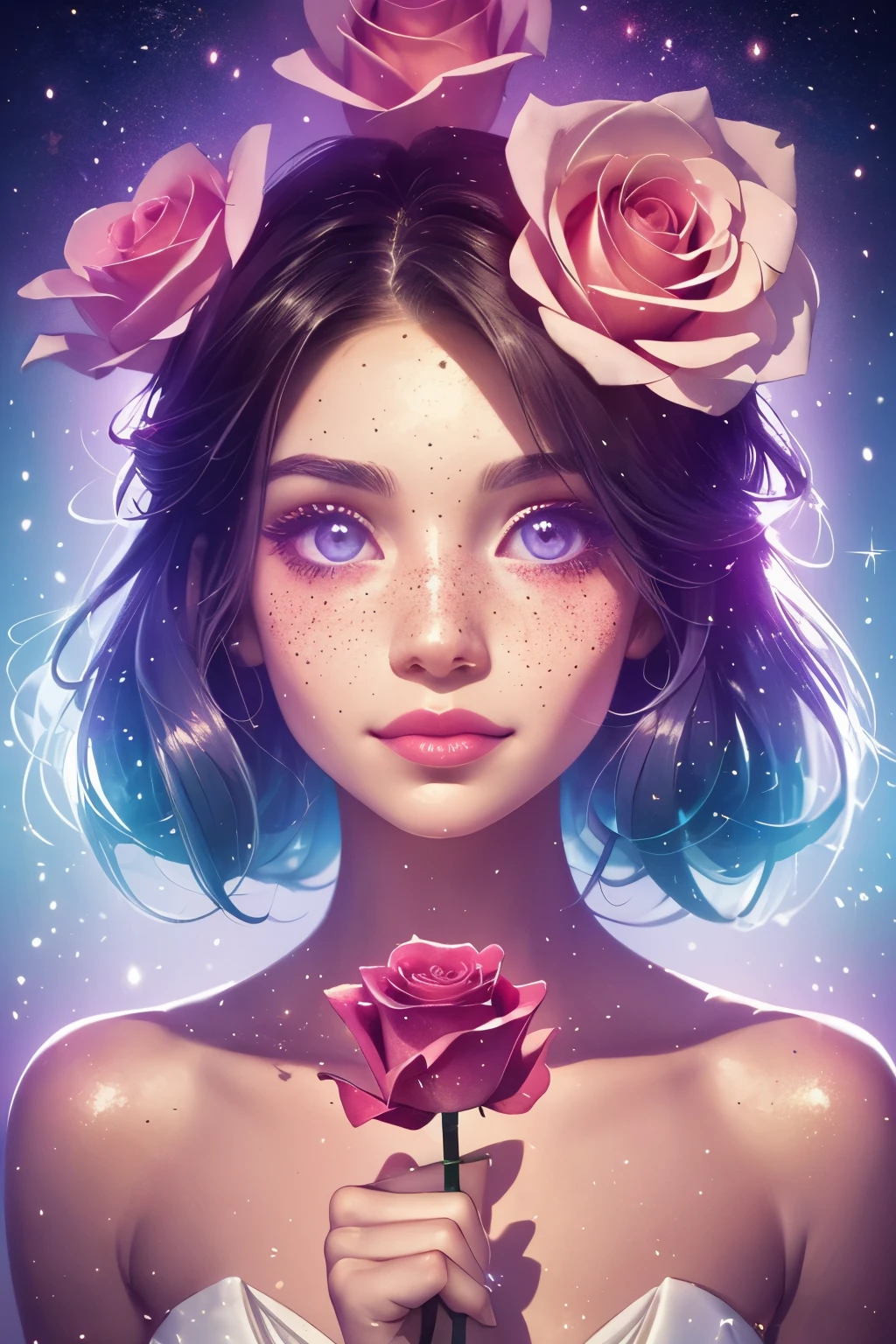 (This is a beautiful, intricate, (romatic) fantasy image that emphasizes beauty and grace.) Generate a blind curvy woman with soft natural freckles. Her face is important and should be (perfectly formed) with (beautiful puffy lips) and (perfect features). There is a cute freckle birthmark on her lip. The image exudes ethereal beauty and soft fantasy, with shimmering shades of pink throughout. Surround her with eternal roses in shimmering shades. Ensure perfection in her face, hair, and eyes. Include sweet and detailed birds and soft, luminous flowers and detailed roses. Utilize dynamic composition and dramatic lighting and cinematic lighting to create an interesting fantasy image. The background of the image is interesting and ultra-detailed, with soft fantasy lighting and gradients. Include fantasy details, cute aura, colorful, colourful, and interesting magical background. The image's background is decorated in shades of pink, shimmer, glitter, and fantasy details like colored bubbles and cosmos. Include subtle freckles, natural freckles and a diffused realistic skin tone. Incorporate elements of high fantasy, whimsy, and detailed elegance. English rose, princess, courtesan, noblewoman, sweet, lovely, calm, lovely, shimmering, glimmering, glittering, astrological fantasy, (((masterpiece))), (highest quality), magic rose, fantasy garden, beautiful face, perfect face, puffy lips, interesting, shy smile, fantasy elements, magic rose, beautiful eyes, perfect puffy lips, jewel tones, luminosity. Taken with a canon camera.