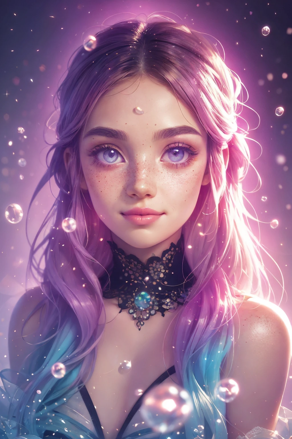 (This is a beautiful, intricate, (romatic) fantasy image that emphasizes beauty and grace.) Generate a blind curvy woman with soft natural freckles. Her face is important and should be (perfectly formed) with (beautiful puffy lips) and (perfect features). There is a cute freckle birthmark on her lip. The image exudes ethereal beauty and soft fantasy, with shimmering shades of pink throughout. Surround her with eternal roses in shimmering shades. Ensure perfection in her face, hair, and eyes. Include sweet and detailed birds and soft, luminous flowers and detailed roses. Utilize dynamic composition and dramatic lighting and cinematic lighting to create an interesting fantasy image. The background of the image is interesting and ultra-detailed, with soft fantasy lighting and gradients. Include fantasy details, cute aura, colorful, colourful, and interesting magical background. The image's background is decorated in shades of pink, shimmer, glitter, and fantasy details like colored bubbles and cosmos. Include subtle freckles, natural freckles and a diffused realistic skin tone. Incorporate elements of high fantasy, whimsy, and detailed elegance. English rose, princess, courtesan, noblewoman, sweet, lovely, calm, lovely, shimmering, glimmering, glittering, astrological fantasy, (((masterpiece))), (highest quality), magic rose, fantasy garden, beautiful face, perfect face, puffy lips, interesting, shy smile, fantasy elements, magic rose, beautiful eyes, perfect puffy lips, jewel tones, luminosity. Taken with a canon camera.