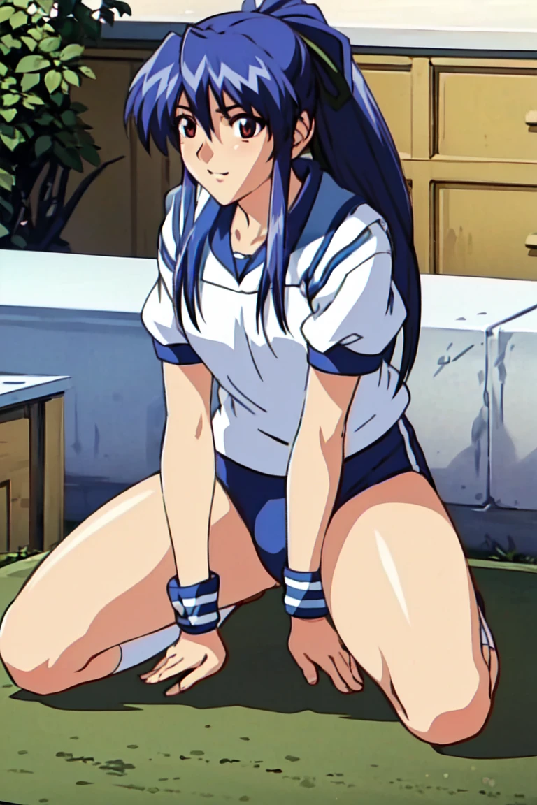 (highest quality,High resolution,Tabletop:1.2),Very detailed,(reality,Photorealisticです,Photorealistic:1.37),Game CG, One Girl, , Blue Hair, (Half Up:1.1), (Small breasts), (White short-sleeved gym uniform with navy blue cuffs:1.3、Navy Blue Bloomer)、barefoot、Dark blue socks、 Big smile、Ground、Schoolyard、Eye and facial details, Kamimei、I am blushing, Surprised expression, Soft lighting, Full body angle