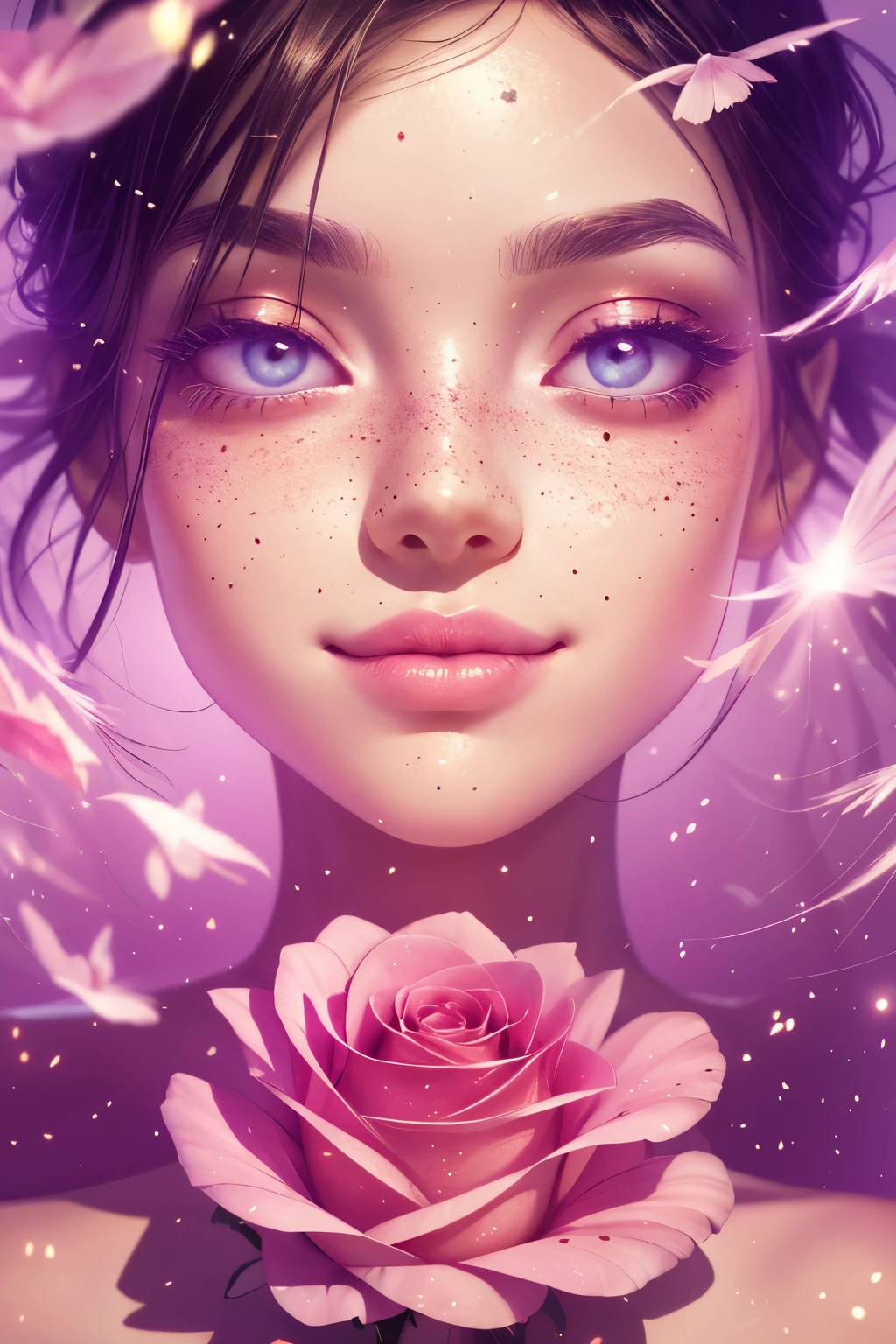 (This is a beautiful, intricate, (romatic) fantasy image that emphasizes beauty and grace.) Generate a blind curvy woman with soft natural freckles. Her face is important and should be (perfectly formed) with (beautiful puffy lips) and (perfect features). There is a cute freckle birthmark on her lip. The image exudes ethereal beauty and soft fantasy, with shimmering shades of pink throughout. Surround her with eternal roses in shimmering shades. Ensure perfection in her face, hair, and eyes. Include sweet and detailed birds and soft, luminous flowers and detailed roses. Utilize dynamic composition and dramatic lighting and cinematic lighting to create an interesting fantasy image. The background of the image is interesting and ultra-detailed, with soft fantasy lighting and gradients. Include fantasy details, cute aura, colorful, colourful, and interesting magical background. The image's background is decorated in shades of pink, shimmer, glitter, and fantasy details like colored bubbles and cosmos. Include subtle freckles, natural freckles and a diffused realistic skin tone. Incorporate elements of high fantasy, whimsy, and detailed elegance. English rose, princess, courtesan, noblewoman, sweet, lovely, calm, lovely, shimmering, glimmering, glittering, astrological fantasy, (((masterpiece))), (highest quality), magic rose, fantasy garden, beautiful face, perfect face, puffy lips, interesting, shy smile, fantasy elements, magic rose, beautiful eyes, perfect puffy lips, jewel tones, luminosity. Taken with a canon camera.