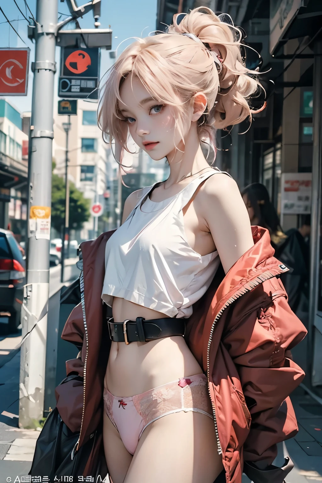very colorful, pop feel, summer image, beautiful woman with orange ponytail, Around , sea view, wearing a jacket, stylish belt, perfect tall model body,Mysterious, cool beauty, it will happen, in.s. west coast, sparkling summer memories, Anime drawing by Yang J, Trending at Art station, realism, extremely detailed germ of art, Realistic anime 3D style, anime style 4 k, Model | germ of art, anime style. 8K, casual clothes, realistic anime art style, style germ of art, sharp outline, highest quality, perfect angle, perfect composition, The perfect subject, best shot, official art,CD jacket, 80s city pop, Snazzy, very stylish,Shoulders exposed skin,The belly button and the surrounding area are exposed,Prostitute,Standing on the street waiting for customers for my first prostitute business,Teenage beause vivid colors,A glimpse of her light pink underwear,Thin string-shaped underwear,Thin cotton underwear,Are thin,Flat Chest,Beautiful, narrow eyes,Korean Beautiful Girl,Korean famous idol star dancer,