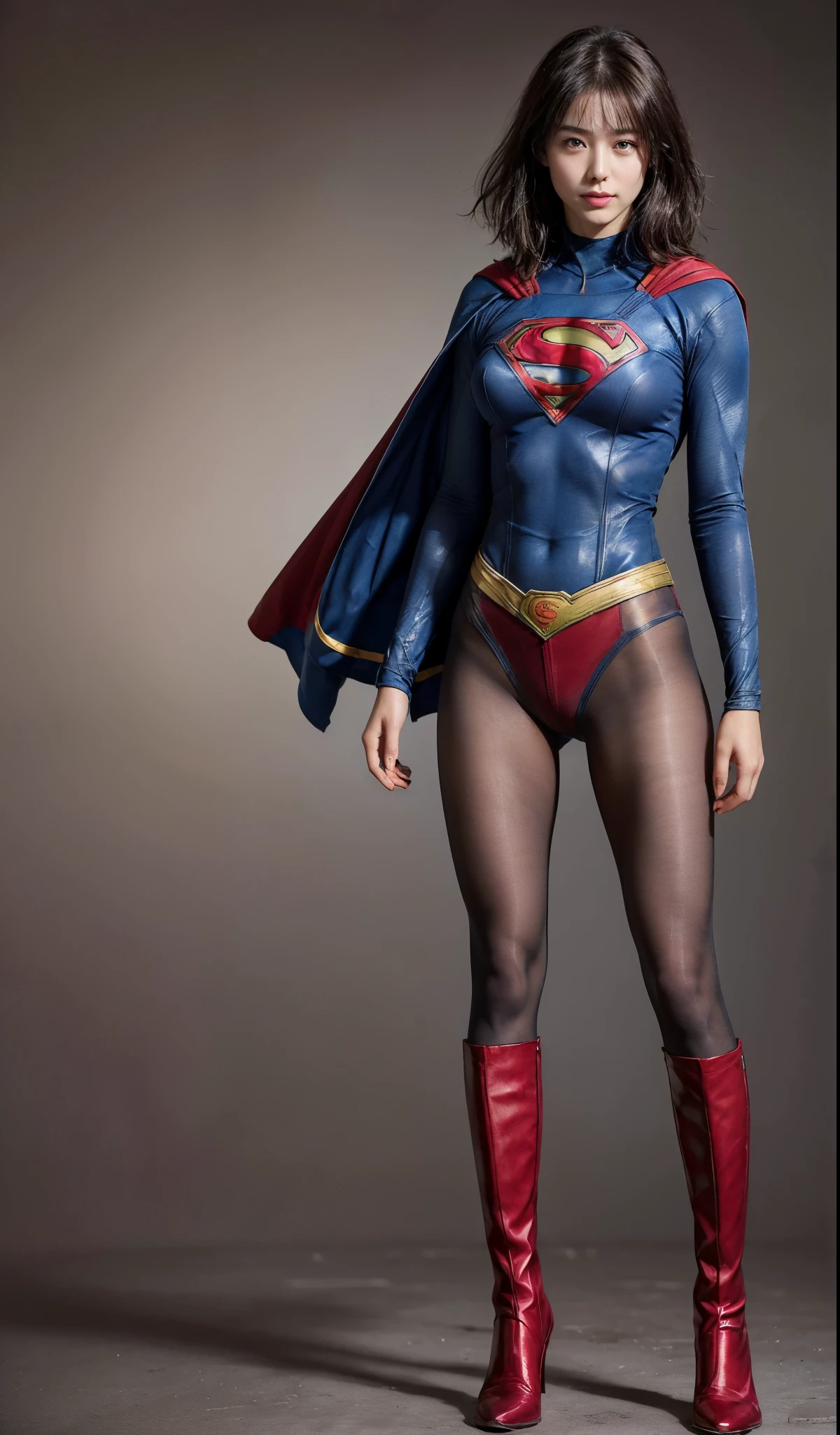 No background、(((Beautiful legs in black tights.)))、(((Legally express the beauty of your smile)))、((((Make the most of your original images)))、(((Body-hugging Supergirl costume)))、(((Supergirl Costume)))、(((Beautiful short hair)))、(((She is winking cutely.)))、(((Please wear black tights....、Wear red boots)))、((Best image quality、8k))、((highest quality、8k、masterpiece:1.3))、(((Preserve background )))、Sharp focus:1.2、Beautiful woman with perfect figure:1.4、Slim Abs:1.2、Wet body:1.5、Highly detailed face and skin texture、8k