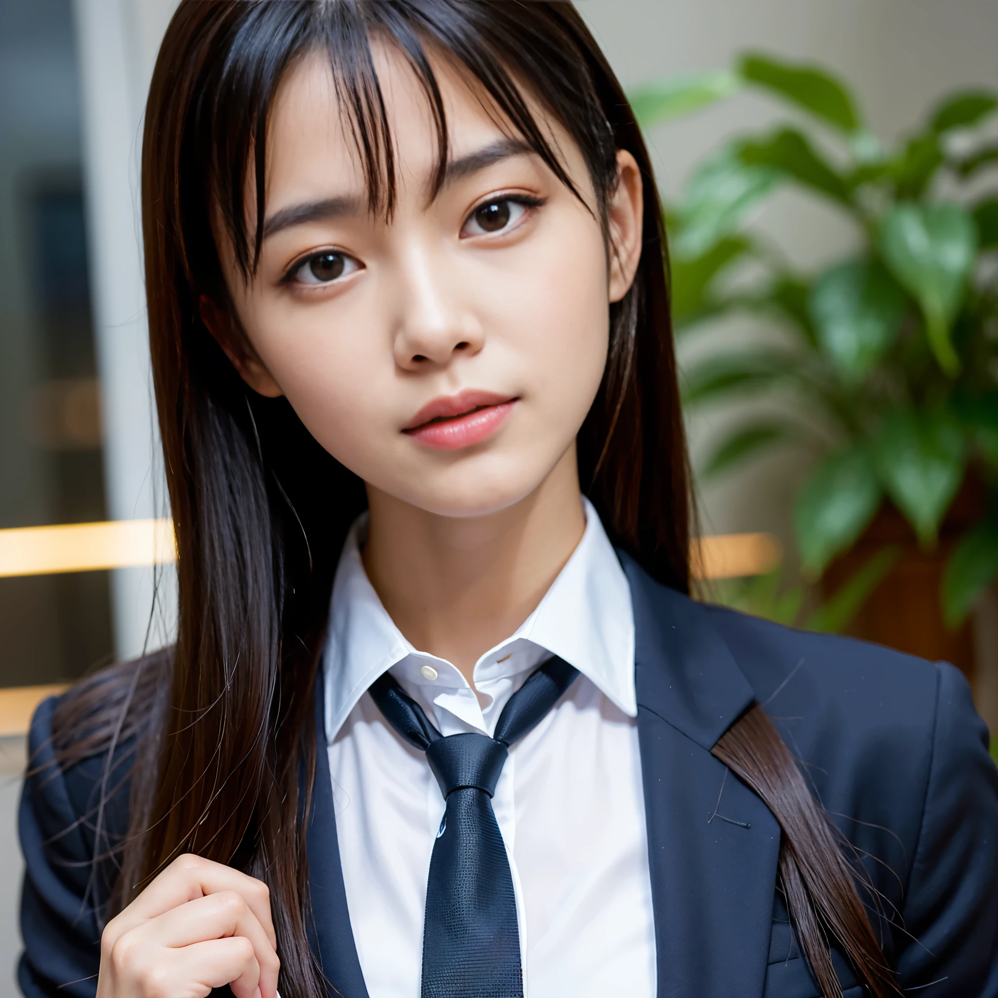 (Best-quality, Masterpiece, Ultra-High-Resolution, (Photorealistic:1.4), Raw Photo, depth of field, professional lighting, perfect anatomy, extremely details), 1girl, 15-years-old, the most famous Japanese idol, portrait, at office, wearing formal business suit and red tie, extremely cute face like the most popular Japanese idol, extremely beautiful big-black-eyes, extremely beautiful hair, extremely beautiful skins, extremely beautiful long-eyelashes, extremely beautiful lips, looking at viewer, detailed office, detailed business-suit, detailed red-tie