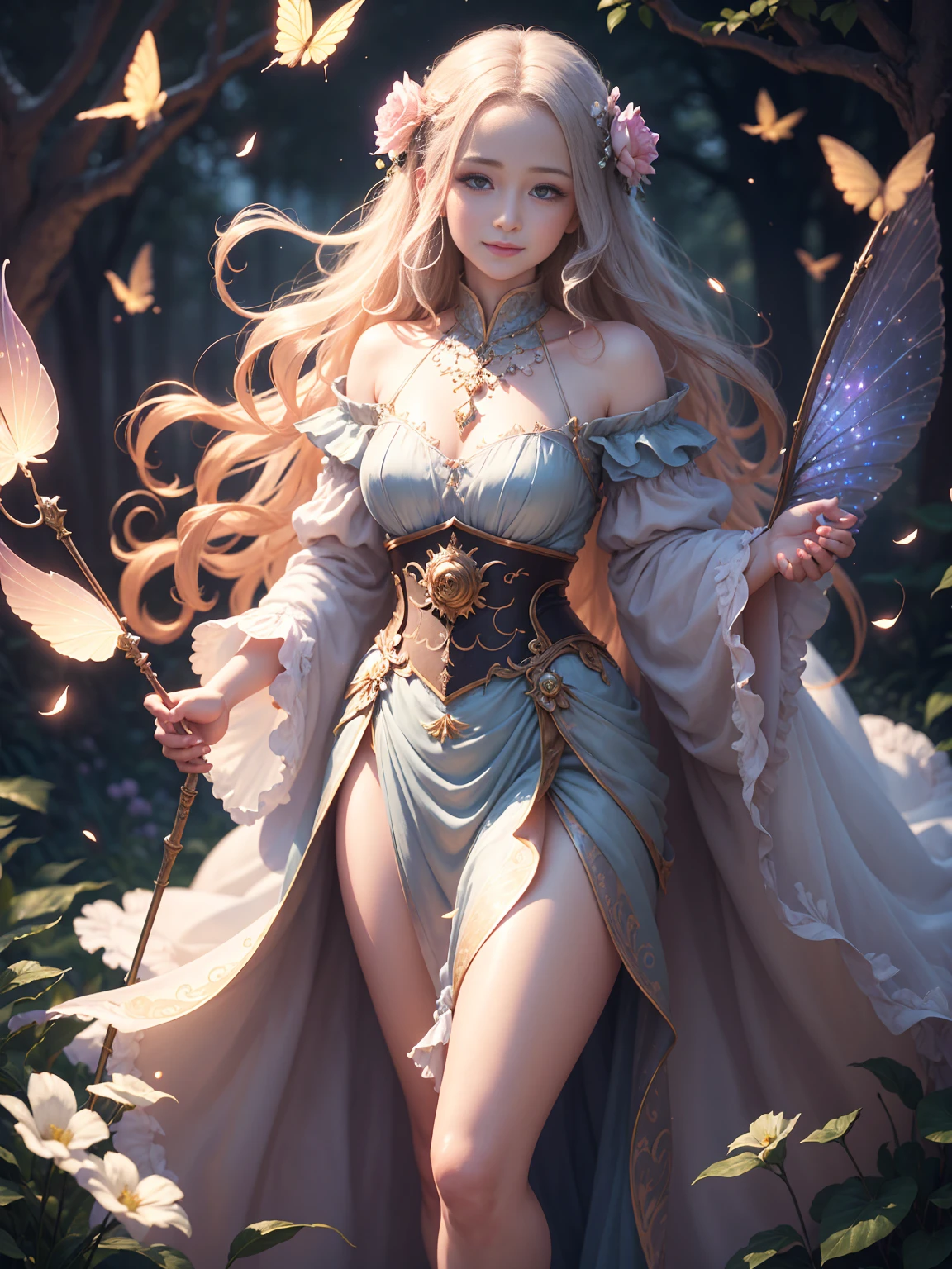 Beautiful transparent flower fairy baby, Transparent colorful feathers, A walking stick flutters in the wind､The wand glittered in the starlight.，Golden Staff，Beautiful blue sky and white clouds、The girl has transparent wings､Smiling Kindly､Beautiful garden background､Gentle and transparent，Correct Anatomy, Delicate pattern，Pink rose space, Soft lighting, ( Bokeh)，masterpiece, Very detailed, A magnificent composition, highest quality, 8K，Epic romantic fantasy digital art，Epic fairy tale fantasy digital art，Mythical fantasy，UHD resolution，Detailed detailed view，Realistic，非常にRealisticな，Cinematic Lighting,Award-winning photography,Rich colors，Ultra-realistic, lifelike textures，Dramatic lighting