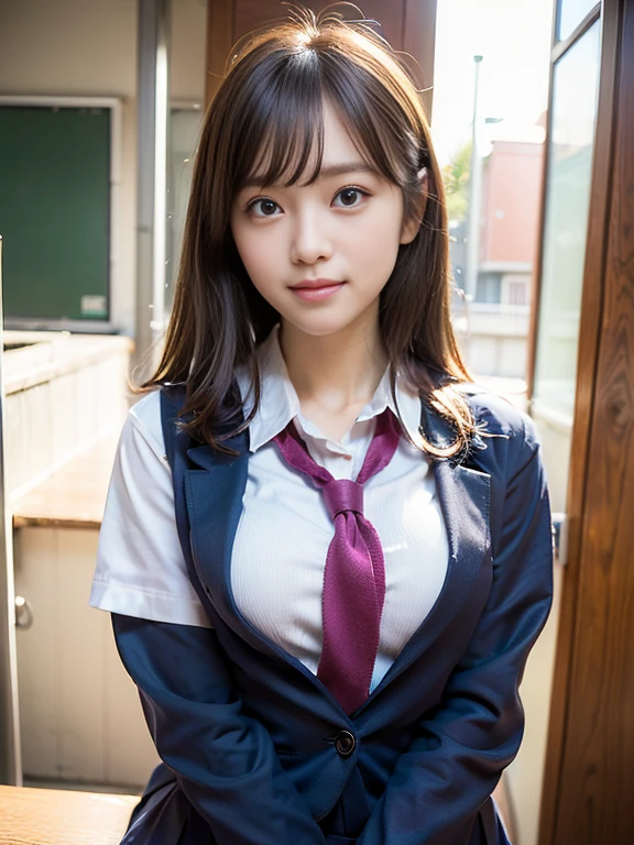 (school uniform:1.5), (Photorealistic:1.4), (Best quality:1.0), (Ultra-high resolution:1.0), 8K, RAW photo, (Masterpiece:0.2), Ultra-detailed, Close short, 1girll, Beautiful skin, Detailed skin, view the viewer, full bodyesbian, (Long hair:1), Smile, (Closed mouth:1)