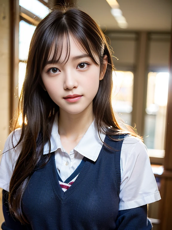(school uniform:1.5), (Photorealistic:1.4), (Best quality:1.0), (Ultra-high resolution:1.0), 8K, RAW photo, (Masterpiece:0.2), Ultra-detailed, Close short, 1girll, Beautiful skin, Detailed skin, view the viewer, full bodyesbian, (Long hair:1), Smile, (Closed mouth:1)