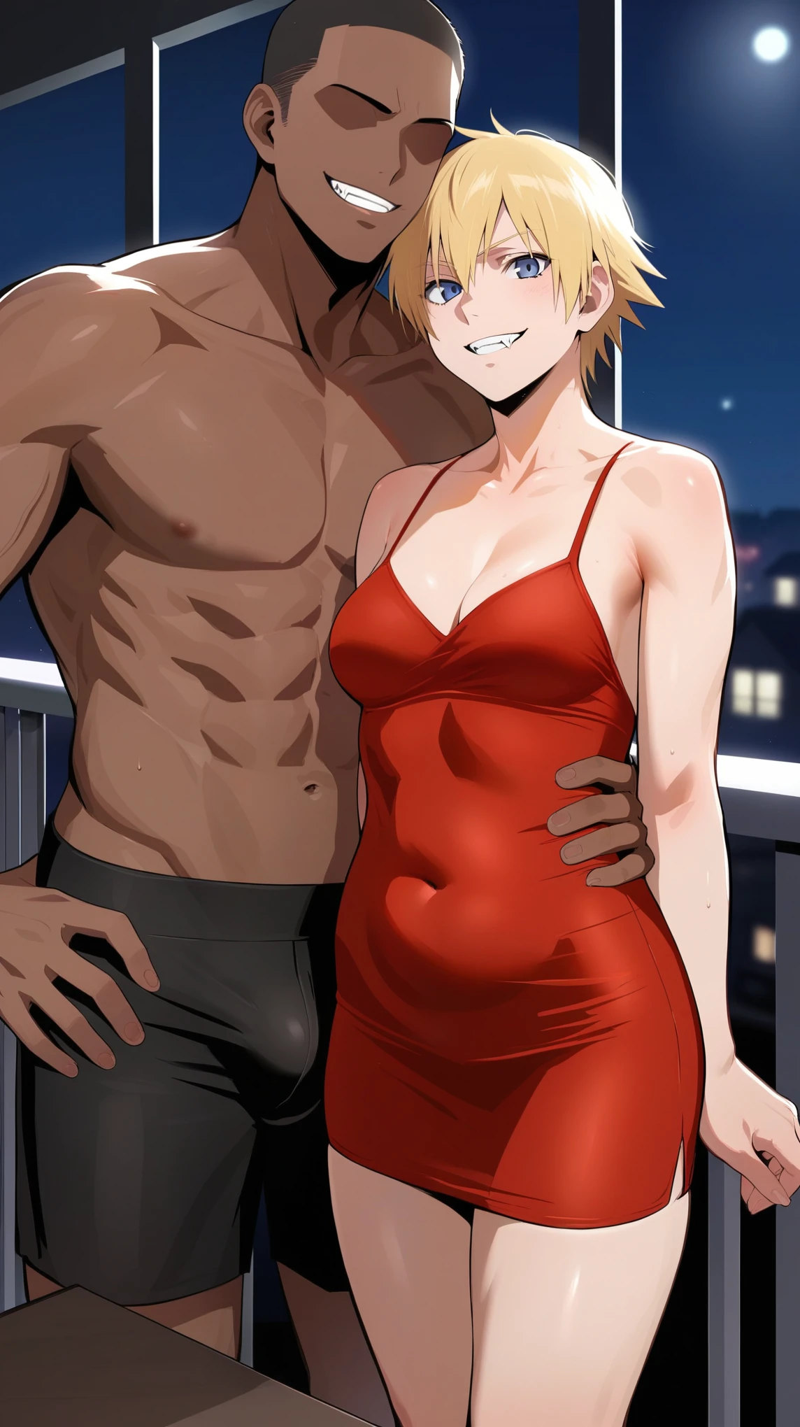 score_9, score_8_up, source_anime, standing, hellsing, seras, blonde hair, nude, indoors, night, night sky, nighttime, vampire, smirk, fangs, ikuchan, balcony, town background, clothed, male wearing shorts, muscular male, medium breasts, boyfriend, couple, sfw, looking at viewer, faceless male, dark skinned male, cuckold pov, ntr, netorare, standing side by side, standing, cuckolding, cuck, 1girl, 1boy, duo, ((duo focus)), black haired male, interracial, BLACKED, bbc, raceplay, smug, humiliation, ((faceless male)), ((size difference)), tall male, ((duo)), waist grab, ((dark skinned male))), gown, dress, bulge, rating:safe, navel, short dress, red dress, furry, tiger, anthro on human, tiger girl, chubby, bbw,