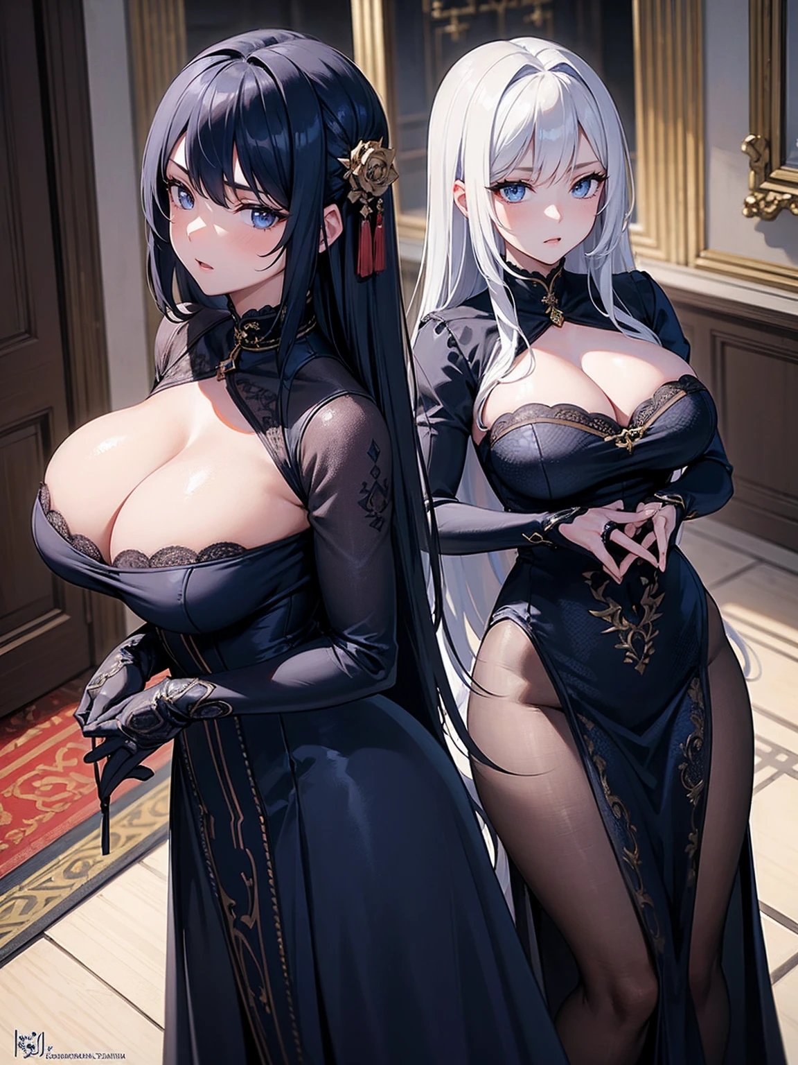 (masterpiece), best quality, highly detailed faces, (SHARP details), 4k, highly detailed, expressive eyes, SHARP detail expressive eyes, (SHARP detail perfect face), long hair, 20 year old woman, standing, courtesan dress, dark-blue hair, indoors, clothed, big breasts, mature, voluptuous, taimanin asagi,