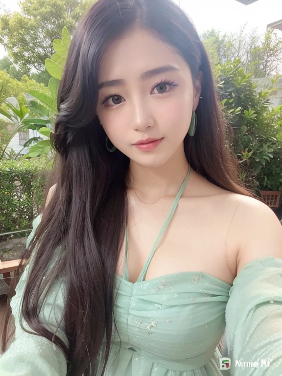 Long-haired Aravi woman in green dress and earrings, xintong chen, dilraba dilmurat, Chinese girl, 2 , wenfei ye, 2 7 years old old, xision wu old, Beautiful Asian girl old, 21 years old, Li Zixin