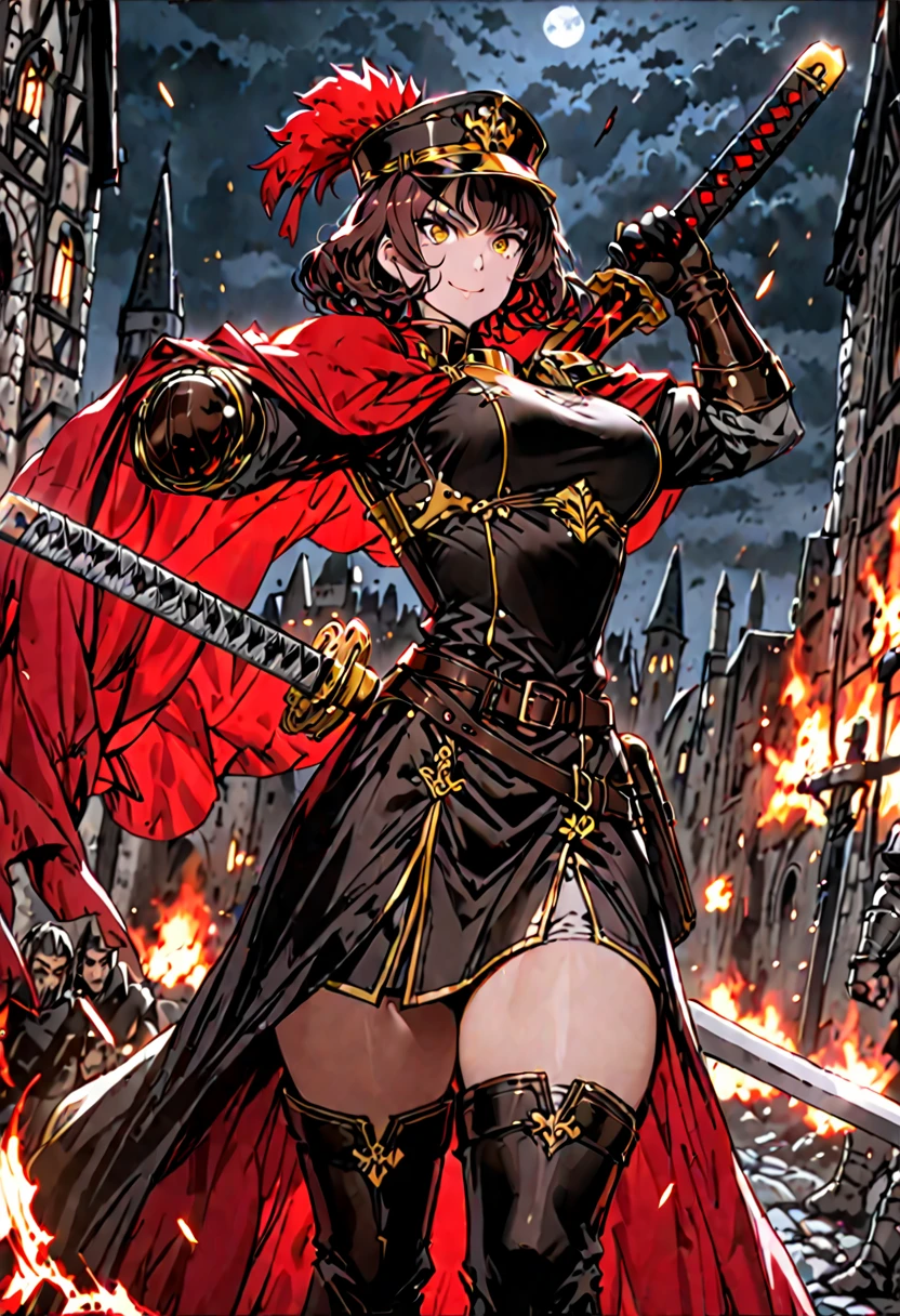 Solo, female, sfw, medium shot, short hair, curly hair, dark auburn hair, extremely tall, large woman, golden eyes, black military uniform, red cape, thigh boots, smile, blood, battlefield, military hat, plume, muscular, leather gloves, adjusting gloves, action pose, bastard sword, huge sword, armored skirt, armor:0.3, night, medieval, strong thighs, swinging sword