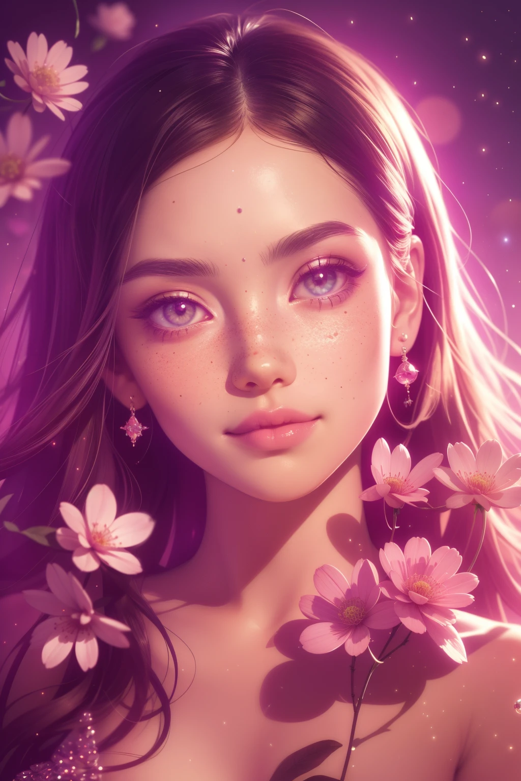 (This is a beautiful, intricate, (romatic) fantasy image that emphasizes beauty and grace.) Generate a blind curvy woman with soft natural freckles. Her face is important and should be (perfectly formed) with (beautiful puffy lips) and (perfect features). There is a cute freckle birthmark on her lip. The image exudes ethereal beauty and soft fantasy, with shimmering shades of pink throughout. Surround her with eternal roses in shimmering shades. Ensure perfection in her face, hair, and eyes. Include sweet and detailed birds and soft, luminous flowers and detailed roses. Utilize dynamic composition and dramatic lighting and cinematic lighting to create an interesting fantasy image. The background of the image is interesting and ultra-detailed, with soft fantasy lighting and gradients. Include fantasy details, cute aura, colorful, colourful, and interesting magical background. The image's background is decorated in shades of pink, shimmer, glitter, and fantasy details like colored bubbles and cosmos. Include subtle freckles, natural freckles and a diffused realistic skin tone. Incorporate elements of high fantasy, whimsy, and detailed elegance. English rose, princess, courtesan, noblewoman, sweet, lovely, calm, lovely, shimmering, glimmering, glittering, astrological fantasy, (((masterpiece))), (highest quality), magic rose, fantasy garden, beautiful face, perfect face, puffy lips, interesting, shy smile, fantasy elements, magic rose, beautiful eyes, perfect puffy lips, jewel tones, luminosity. Taken with a canon camera.