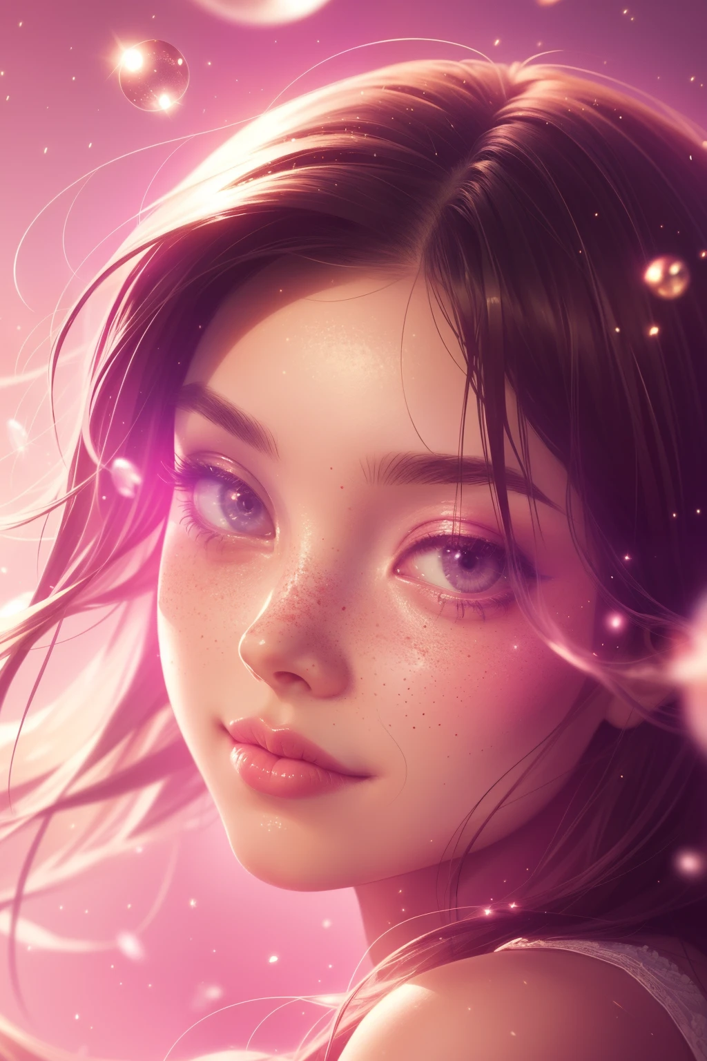 (This is a beautiful, intricate, (romatic) fantasy image that emphasizes beauty and grace.) Generate a blind curvy woman with soft natural freckles. Her face is important and should be (perfectly formed) with (beautiful puffy lips) and (perfect features). There is a cute freckle birthmark on her lip. The image exudes ethereal beauty and soft fantasy, with shimmering shades of pink throughout. Surround her with eternal roses in shimmering shades. Ensure perfection in her face, hair, and eyes. Include sweet and detailed birds and soft, luminous flowers and detailed roses. Utilize dynamic composition and dramatic lighting and cinematic lighting to create an interesting fantasy image. The background of the image is interesting and ultra-detailed, with soft fantasy lighting and gradients. Include fantasy details, cute aura, colorful, colourful, and interesting magical background. The image's background is decorated in shades of pink, shimmer, glitter, and fantasy details like colored bubbles and cosmos. Include subtle freckles, natural freckles and a diffused realistic skin tone. Incorporate elements of high fantasy, whimsy, and detailed elegance. English rose, princess, courtesan, noblewoman, sweet, lovely, calm, lovely, shimmering, glimmering, glittering, astrological fantasy, (((masterpiece))), (highest quality), magic rose, fantasy garden, beautiful face, perfect face, puffy lips, interesting, shy smile, fantasy elements, magic rose, beautiful eyes, perfect puffy lips, jewel tones, luminosity. Taken with a canon camera.
