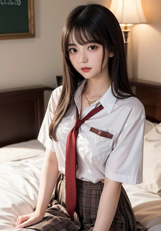 highest quality))、(masterpiece:1.3)、Raw photo、8k、(best image quality)、(highest resolution)、Beautiful face in every detail、realistic、Photoreal、(the most beautiful woman:1.3)、(the finest woman:1.3)、high school girl、(small face)、long hair、straight hair、、(high school girl uniform)、(The prettiest girl)、(The queen bee:1.3)、(The cutest girl)、(She's Out of my league)、(the most beautiful girl in school:1.3)、(Bedroom:1.3)、(Luxury woman:1.3)、(school queen:1.3)、(With bangs)、(bed)、((18 year old beauty))、beautiful hair、long neck、tie、everyone admires、summer、short sleeve、red cheeks、(Big eyes)、necklace、cute hairstyle、[[[smile]]]、watch