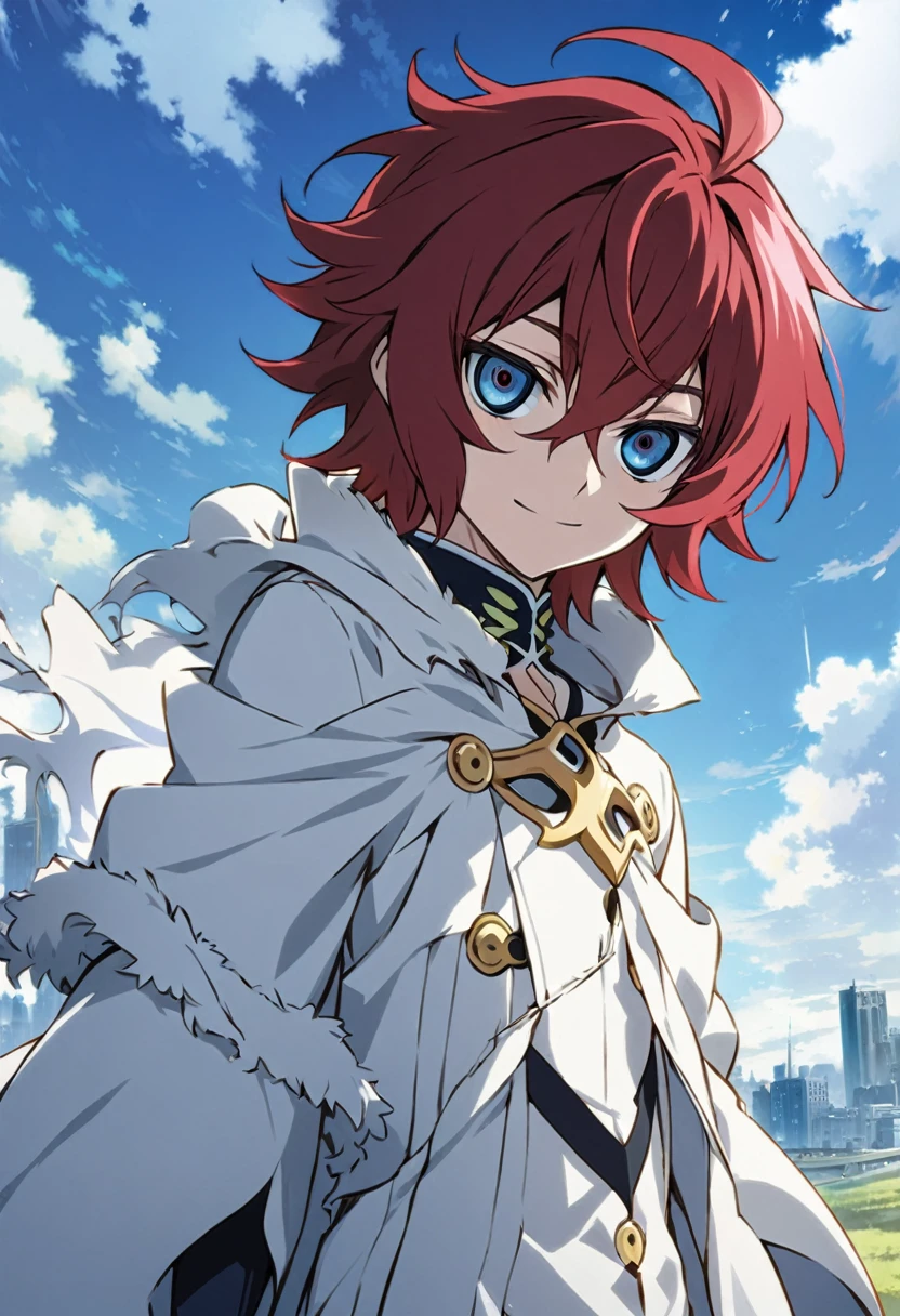 Boy, Hyakuya mikaela \(Owari no Seraph\), short crimson hair, sapphire blue eyes:1.2, white costume, bangs, smiling gently, ((ultra-detailed)), ((illustration)), ((disheveled hair)), (beautiful detailed eyes), 1boy, standing, ((sky)), looking at viewer