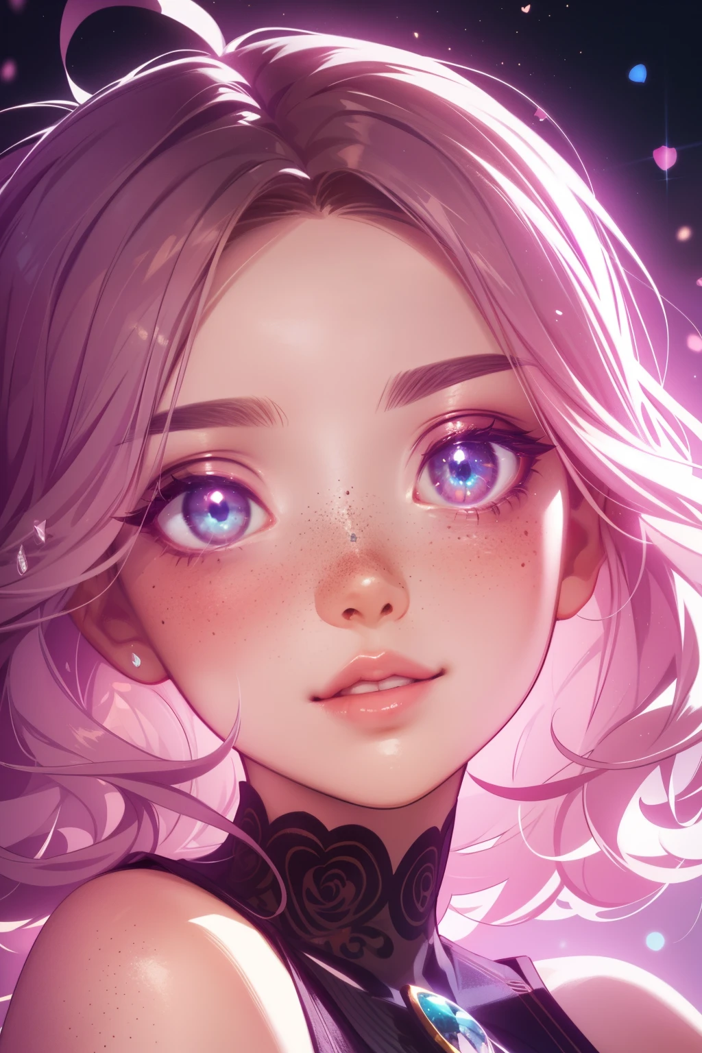 (This is a beautiful, intricate, (romatic) fantasy image that emphasizes beauty and grace.) Generate a blind curvy woman with milky eyes and soft natural freckles. Her face is important and should be (perfectly formed) with (beautiful puffy lips) and (perfect features). There is a cute freckle birthmark on her lip. The image exudes ethereal beauty and soft fantasy, with shimmering shades of pink throughout. Surround her with eternal roses in shimmering shades. Ensure perfection in her face, hair, and eyes. Include sweet and detailed birds and soft, luminous flowers and detailed roses. Utilize dynamic composition and dramatic lighting and cinematic lighting to create an interesting fantasy image. The background of the image is interesting and ultra-detailed, with soft fantasy lighting and gradients. Include fantasy details, cute aura, colorful, colourful, and interesting magical background. The image's background is decorated in shades of pink, shimmer, glitter, and fantasy details like colored bubbles and cosmos. Include subtle freckles, natural freckles and a diffused realistic skin tone. Incorporate elements of high fantasy, whimsy, and detailed elegance. English rose, princess, courtesan, noblewoman, sweet, lovely, calm, lovely, shimmering, glimmering, glittering, astrological fantasy, (((masterpiece))), (highest quality), magic rose, fantasy garden, beautiful face, perfect face, puffy lips, interesting, shy smile, fantasy elements, magic rose, beautiful eyes, perfect puffy lips, jewel tones, luminosity. Taken with a canon camera.