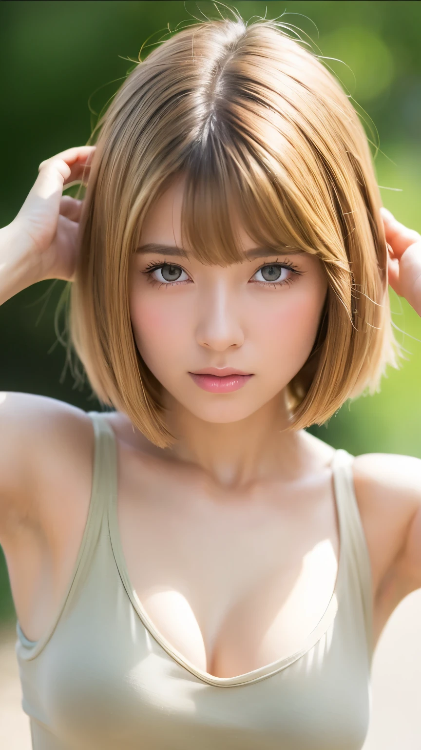 Beautiful and fair、Radiant Skin, 3 Up, Gorgeous, bright, Refreshing and gentle expression, Perfect beautiful face、Beautiful shiny bangs, A very beautiful 17 year old girl, Eyeliner, Very perfect eyes,Very large breasts,Grooves reveal original skin,Muscular body,Light Khaki Yoga Wear,Upper Body,Blonde short hair