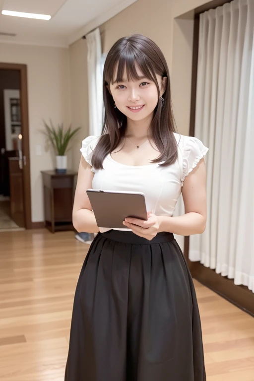 frame in, from right in front of face and body, full body, High quality, very high res, High quality, cute girl, (straight hair:1.2), black hair, forehead, medium hair, parted bangs, looking at viewer, bra top, White fluffy skirt, smile, (have a big manuscript in hand:1.2), standing