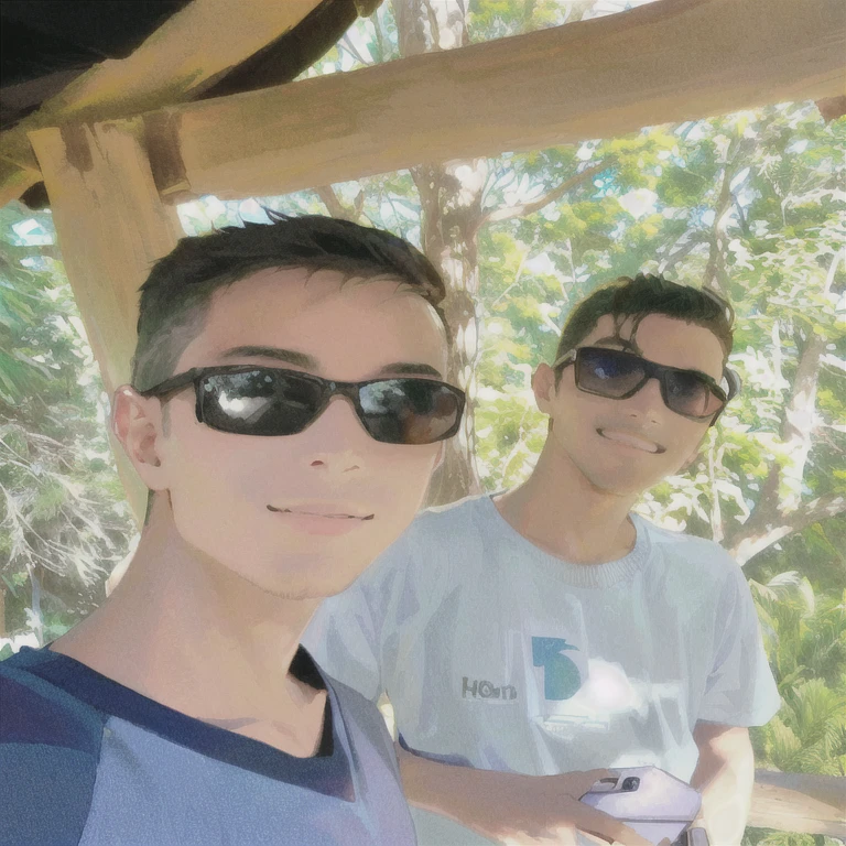 there are two men who stand together in the shadow, dois jovens,, Paulo e Alvaro, vacation photo, na floresta da selva !!!, in a tree house, filmado em gopro9, selfie, foto pov, brothers, foto no iphone, foto, na madeira tropical, foto selfie