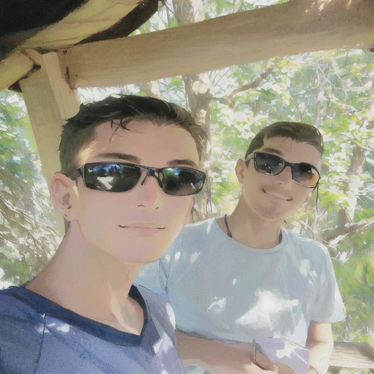 there are two men who stand together in the shadow, dois jovens,, Paulo e Alvaro, vacation photo, na floresta da selva !!!, in a tree house, filmado em gopro9, selfie, foto pov, brothers, foto no iphone, foto, na madeira tropical, foto selfie