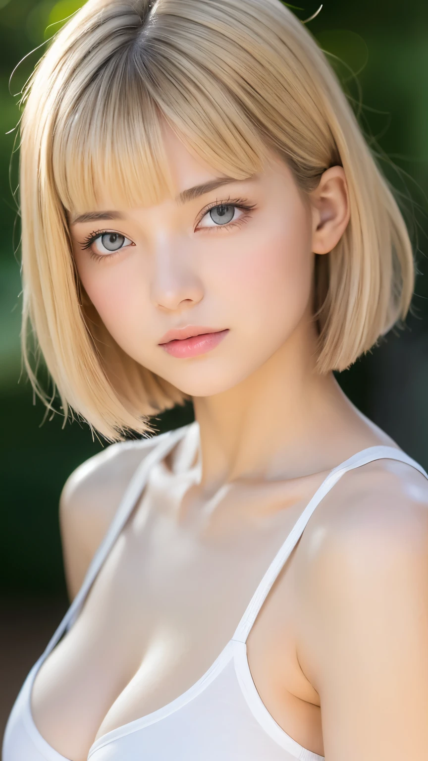 Beautiful and fair、Glowing Skin, 3 Up, nice, bright, Refreshing and gentle look, Perfect beautiful face、Beautiful shiny bangs, Very beautiful 17 year old girl, eyeliner, Very perfect eyes,Very large breasts,The original skin is visible through the grooves,Muscular body,Light Khaki Yoga Wear,Upper Body,Blonde Short Hair