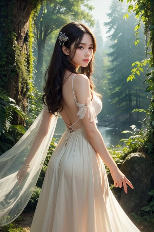 (Masterpiece:1.2), best quality, (illustration:1.2), (ultra-detailed), hyper details, (delicate detailed), (intricate details), (cinematic light, best quality Backlights), clear line, from below, soloist, soft lights, ethereal, magical looking, a candid looking girl with soft curly black hair, brown eyes, forest, fairytale, full body,  perfect body, big breasts, magical, light particles, fireflies, cute smile