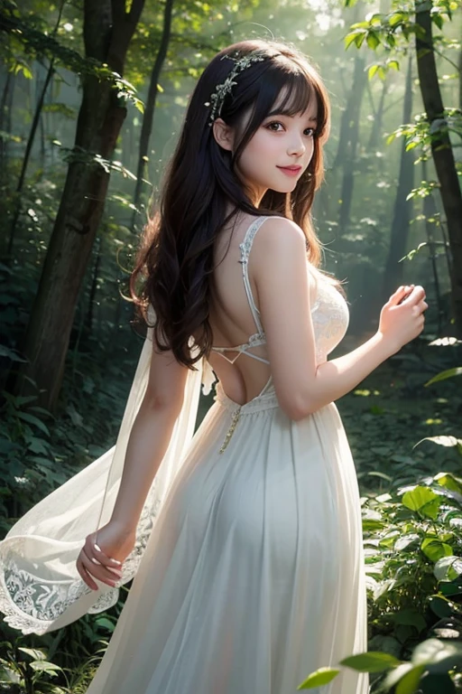 (Masterpiece:1.2), best quality, (illustration:1.2), (ultra-detailed), hyper details, (delicate detailed), (intricate details), (cinematic light, best quality Backlights), clear line, from below, soloist, soft lights, ethereal, magical looking, a candid looking girl with soft curly black hair, brown eyes, forest, fairytale, full body, perfect body, big breasts, magical, light particles, fireflies, cute smile
