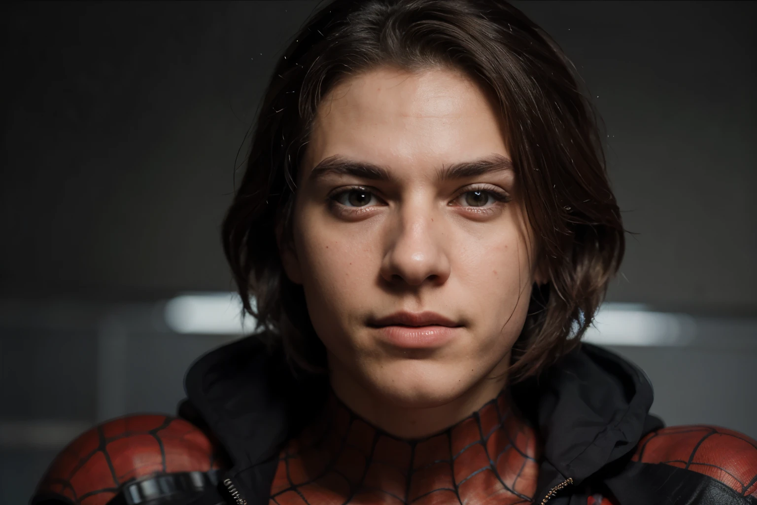 A photograph of spider man, no mask, 20 yo, handsome, detailed face, looking at camera, portrait, 8k uhd, high quality