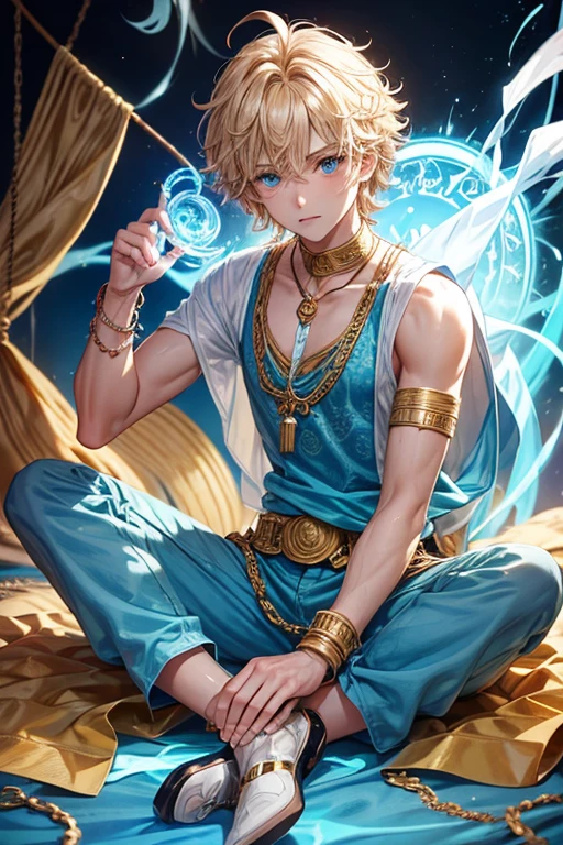 Jonah Tyler Taylor, 20 year old, short light golden blonde hair, short messy hair, light blue eyes, djinn clothing, open light blue sleeveless vest, light blue vest with white Arabic print, light turquoise Arabic pants, gold belt, bracelet djinn with silver gems, brown boots, phosphorescent blue tattoos, surrounded by fire and blue smoke tied with chains of hands and feet surrounded by white chains, magic circles in each light blue hand on a background of Arab ruins.