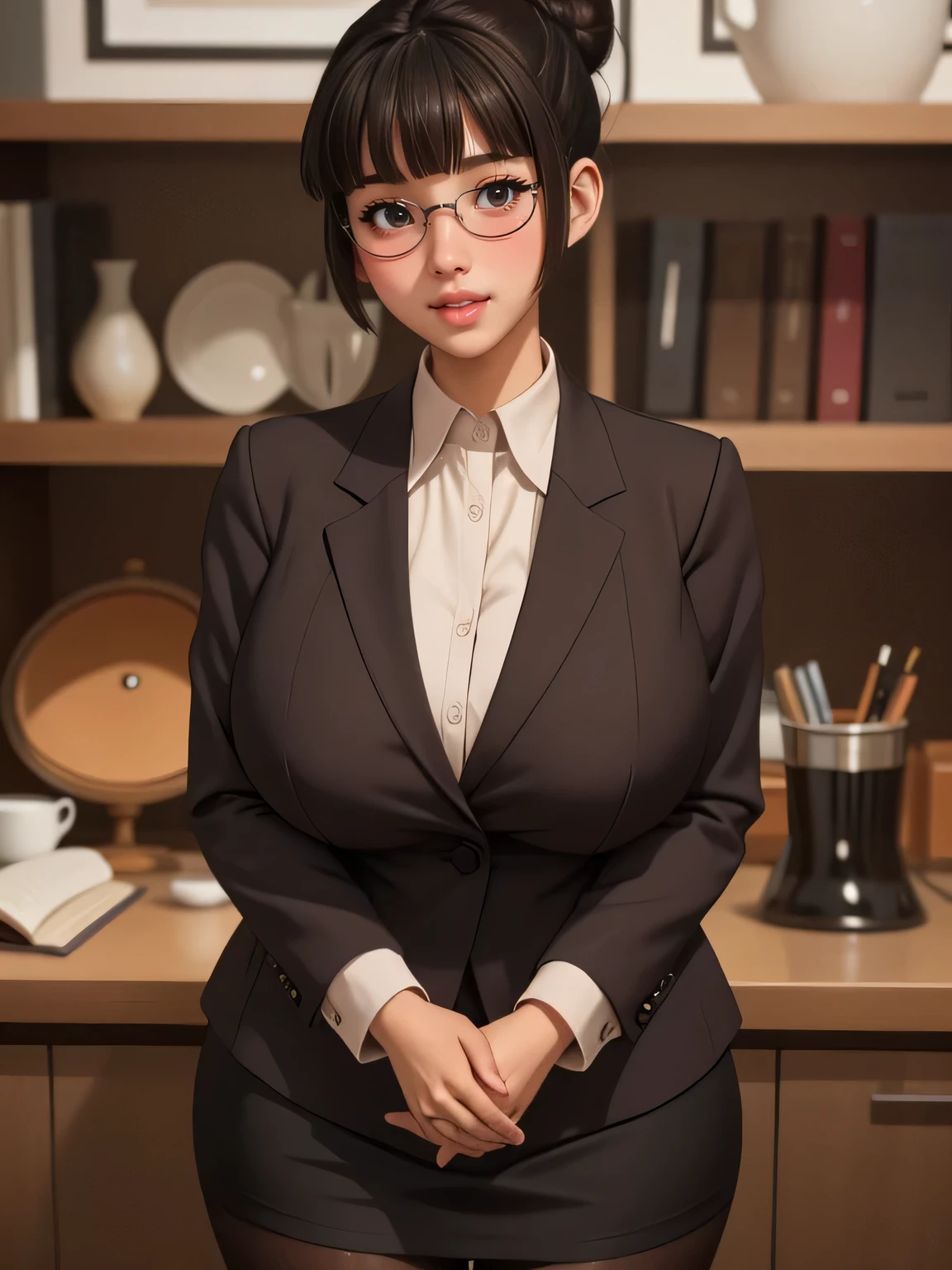 (highres, high quality:1.3), intricate details, cinematic lighting, sharp focus, depth of field,
KuroseKatsuko, 1girl, solo, mature female, looking at viewer, standing, white background, siple background,
serious, embarrassed, blush, holding book, open mouth,
[brown|black] hair, short hair, blunt bang, hair bun, ribbon, makeup, lipstick, eyelashes, brown eyes, detailed eyes, glasses, perfect face, cute nose, beautiful face, perfect face, illuminated face, thick lips, blushes, symmetrical face, beautiful detailed face, human ears, seductive, pleasure expression, orgasm expression,
suit, jacket, skirt, black pantyhose, tight clothes,
huge breasts, curvy, thighs, wide hips, large hips, thick thights, huge thights, hourglass figure, big breasts, huge breasts, large breasts, big butt, huge butt, very slim stomach, thin belly,