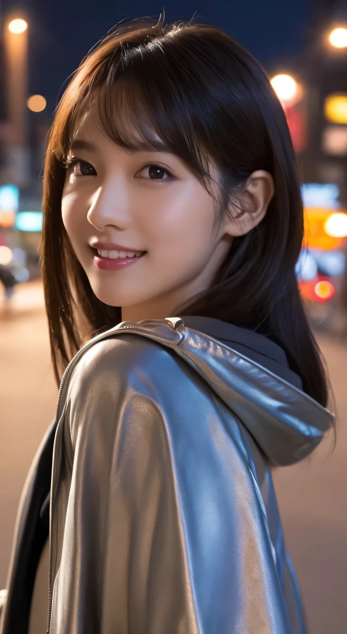 1girl in, (wear a platinum coat:1.2), (Raw photo, Best Quality), (Realistic, Photorealsitic:1.4), masutepiece, Extremely delicate and beautiful, Extremely detailed, 2k wallpaper, amazing, finely detail, the Extremely Detailed CG Unity 8K Wallpapers, Ultra-detailed, hight resolution, Soft light, Beautiful detailed girl, extremely detailed eye and face, beautiful detailed nose, Beautiful detailed eyes, Cinematic lighting, illumination of the city at night, Perfect Anatomy, Slender body, Taut,
Straight semi-long hair, Bangs, Looking at Viewer, A slight smil